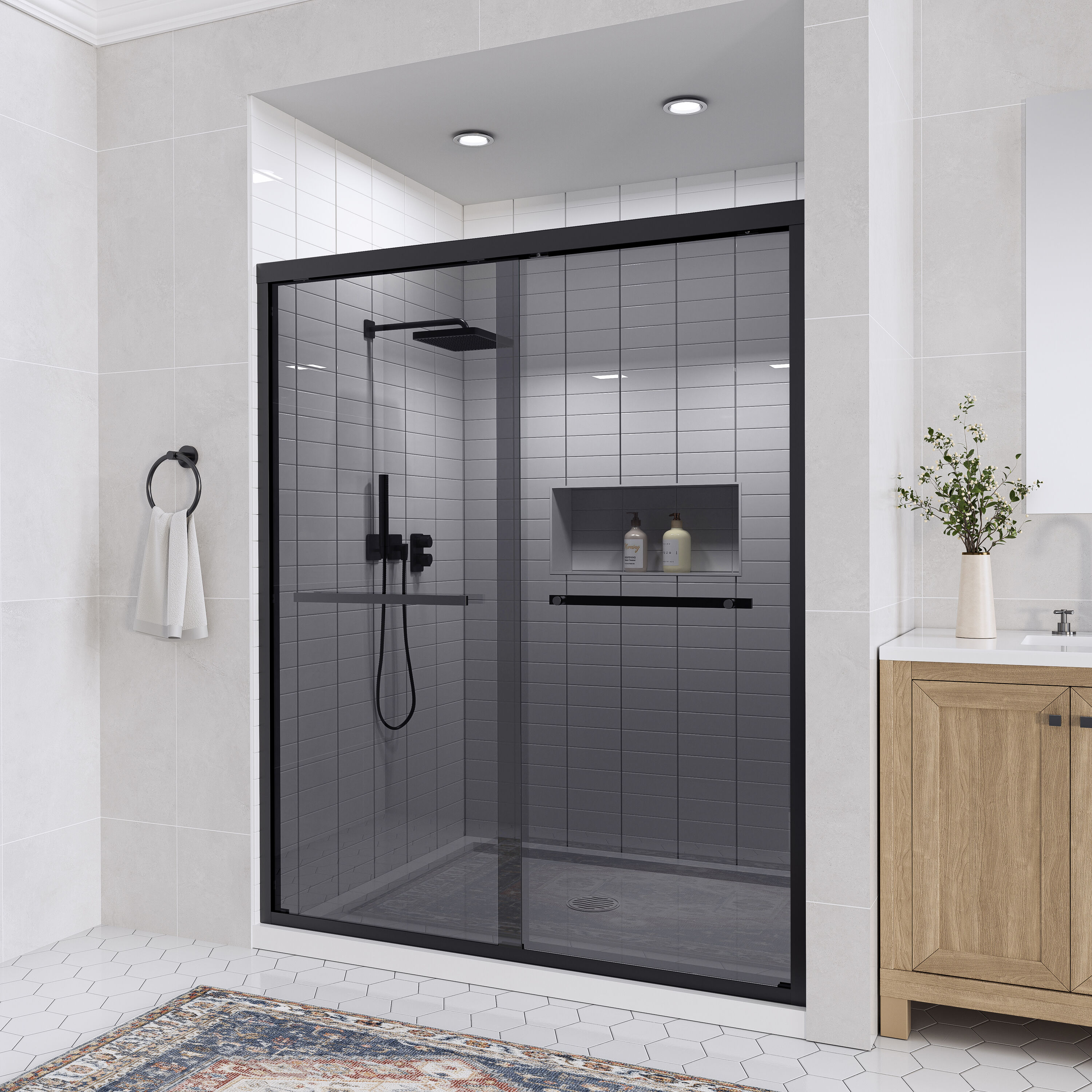 Yuaris 38 in. - 42 in. W x 76 in. H Double Sliding Framed Shower Door in Matte Black with 8mm Gray Glass