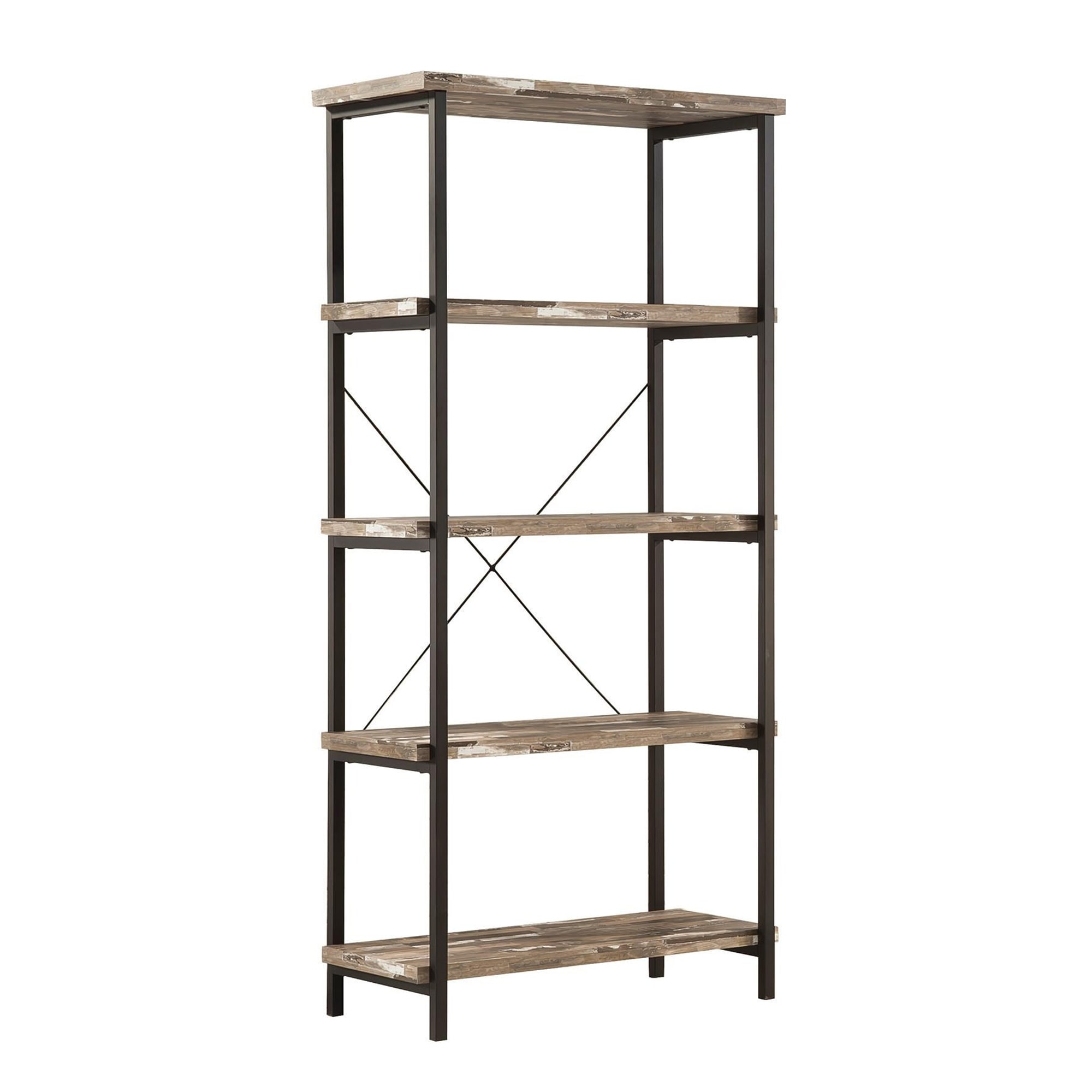 Benzara BM172245 Brown and Black Wood 5-Shelf Bookcase (31.5-in W x 70.75-in H x 17.25-in D)