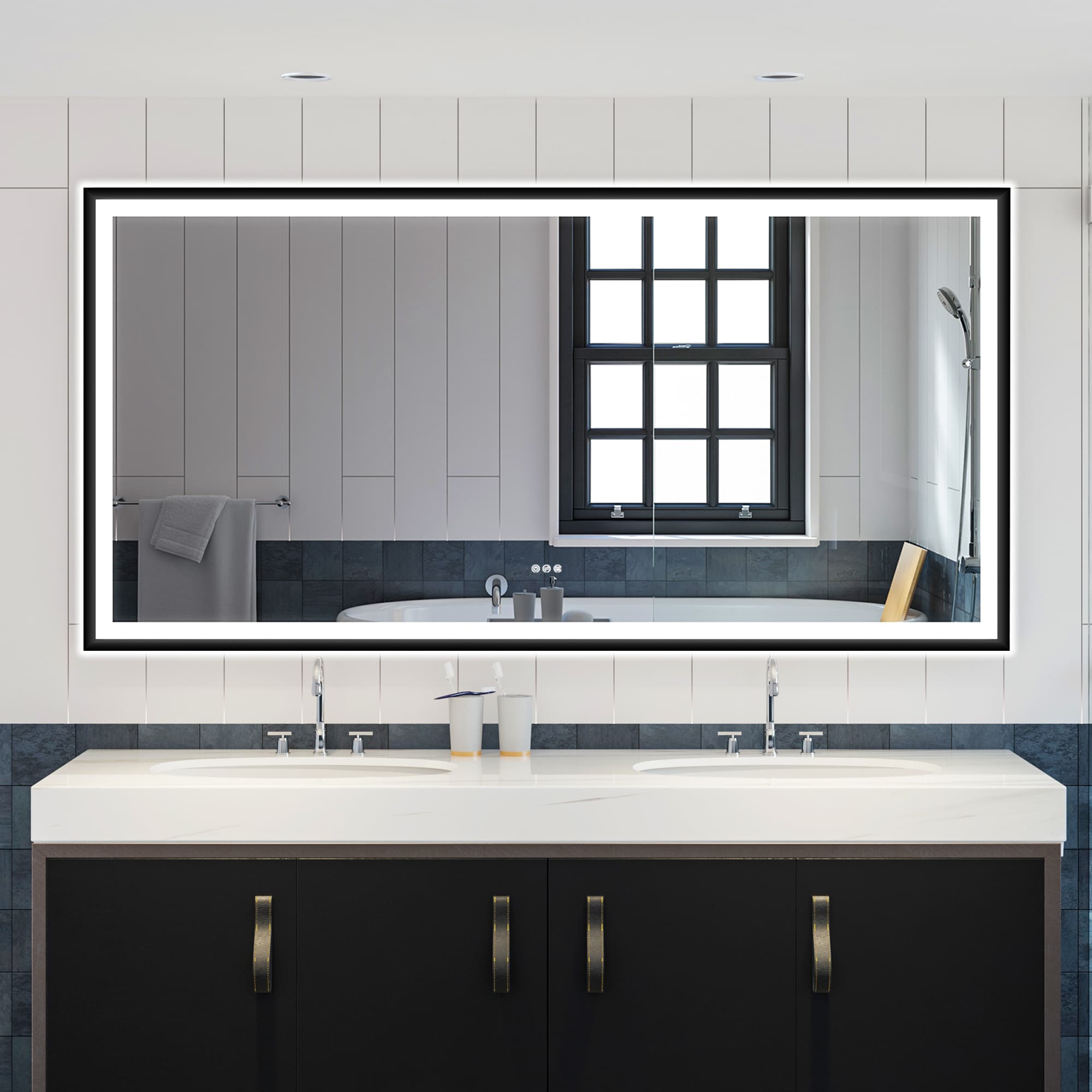 Forclover MRE-6F7236MB 72-Inches x 36-Inches Framed Rectangle Dimmable Lighted Fog Free Bathroom Vanity Mirror ( Black )