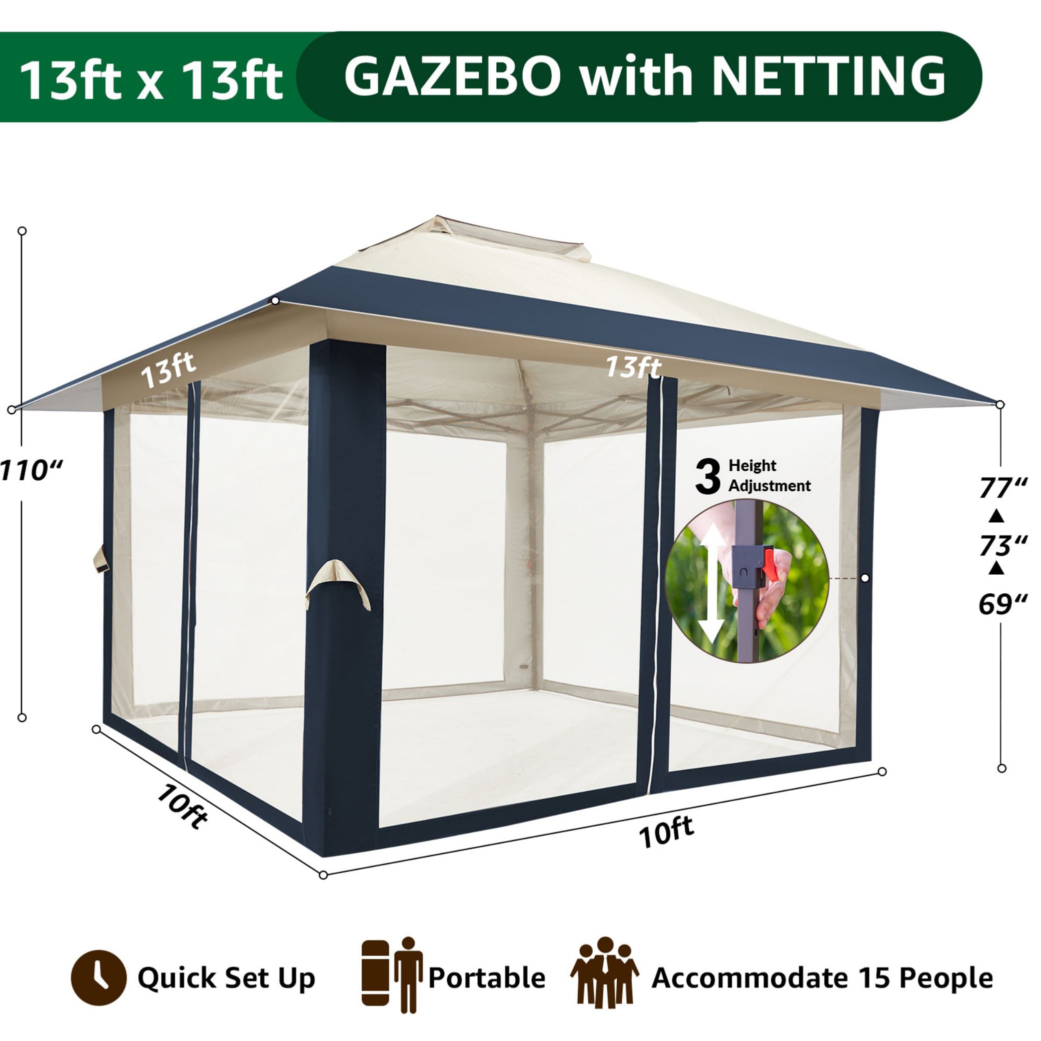 Jearey 13 Ft X 13 Ft Outdoor Gazebos Square Dark Blueandbeige Metal Polyester Roof Pop Up Gazebo 9363