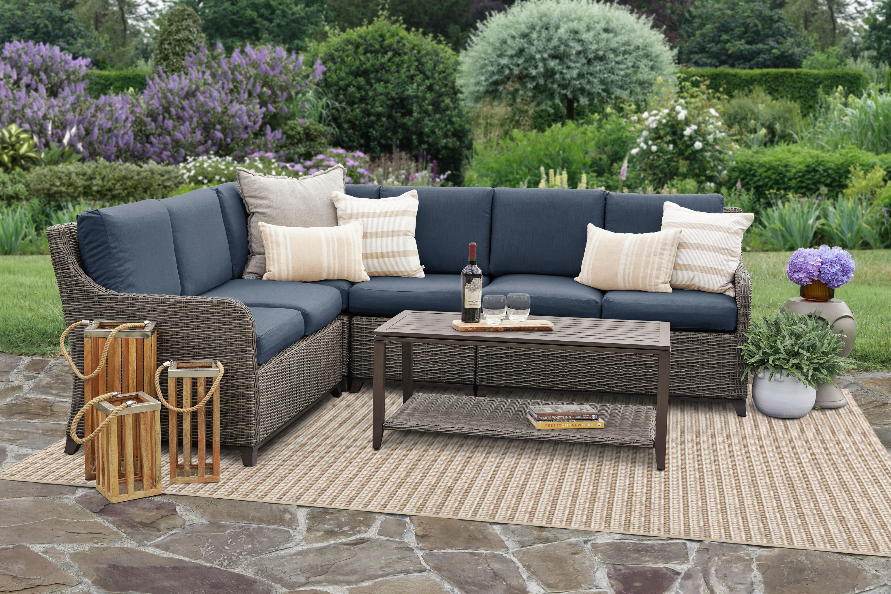 Leisure Made 254988-IND Mitchell Woven Outdoor Sectional with Blue Cushions and Aluminum Frame