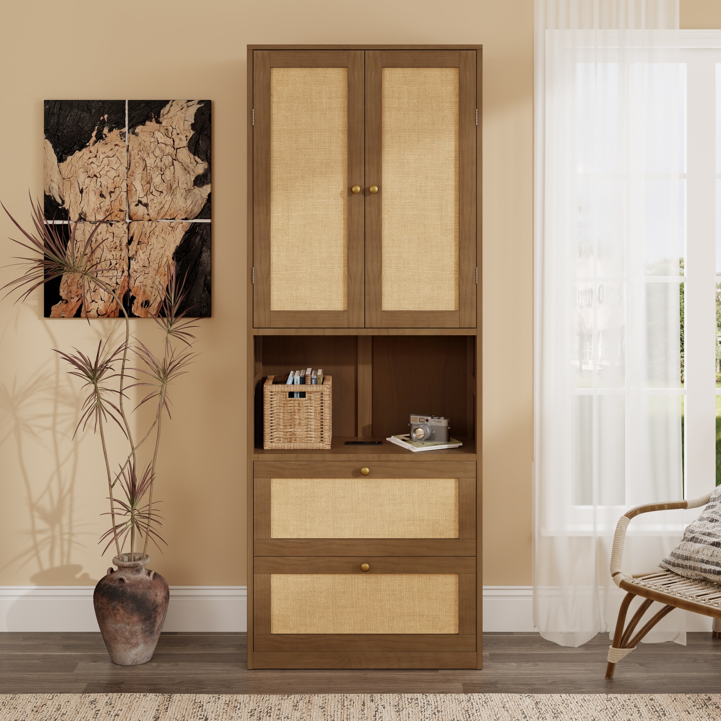 ModernLuxe Assembly Required 2 Doors Bookshelf with USB Port and 3 Drawers Side Cabinet Storage Shelves Walnut