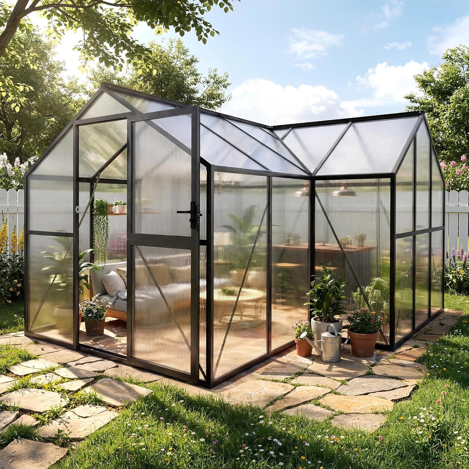 Garvee 12x12 FT T-Style Walk-In Polycarbonate Greenhouse Aluminum Frame with Roof Vent UV-Resistant Outdoor Plant Shelter for Backyard Black