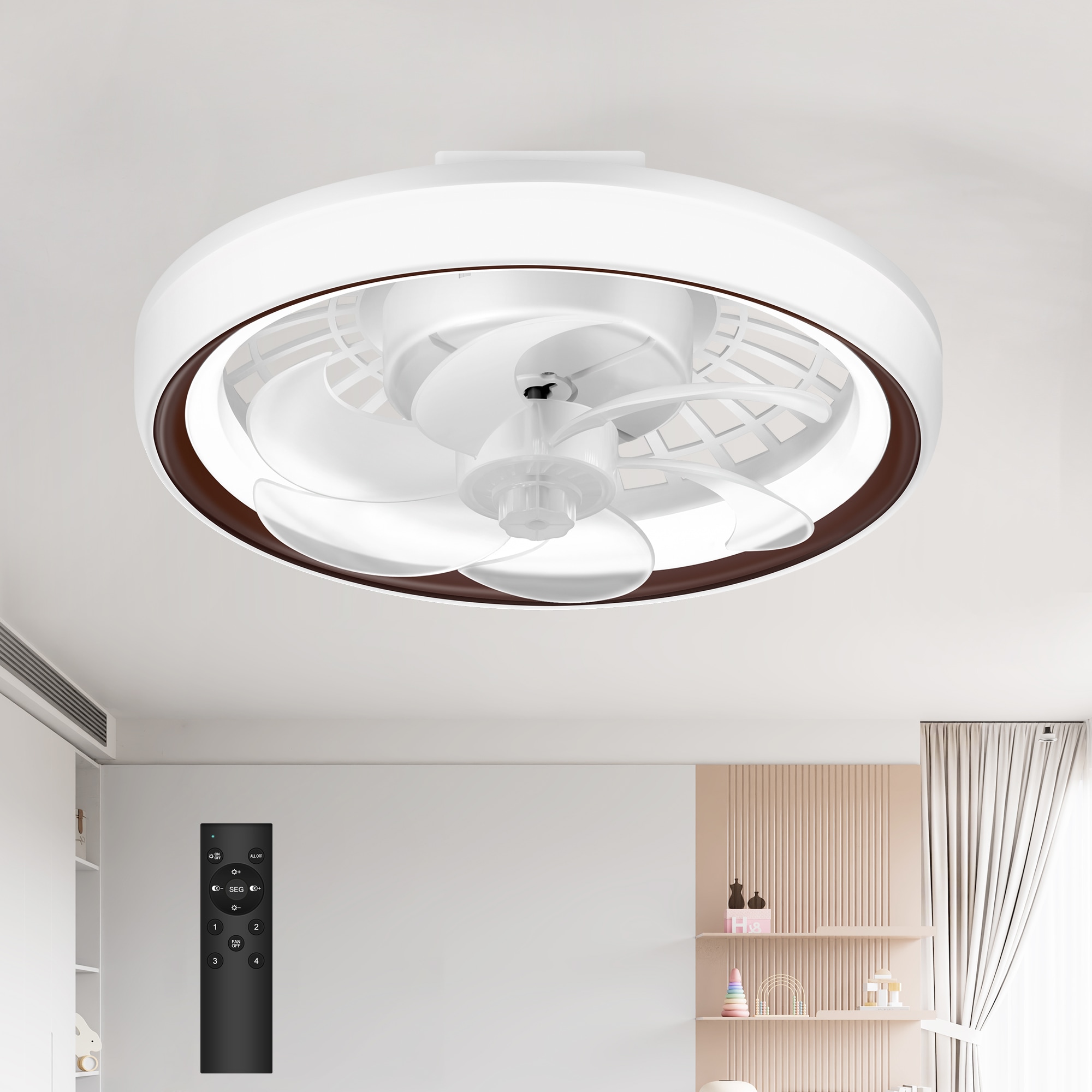 Breezary 35030-WG Socket Low Profile 13-in Color-Changing Integrated LED Flush Mount White Coffee with Transparent Blades Ceiling Fan With Light - Remote Included ( 7 -Blade )