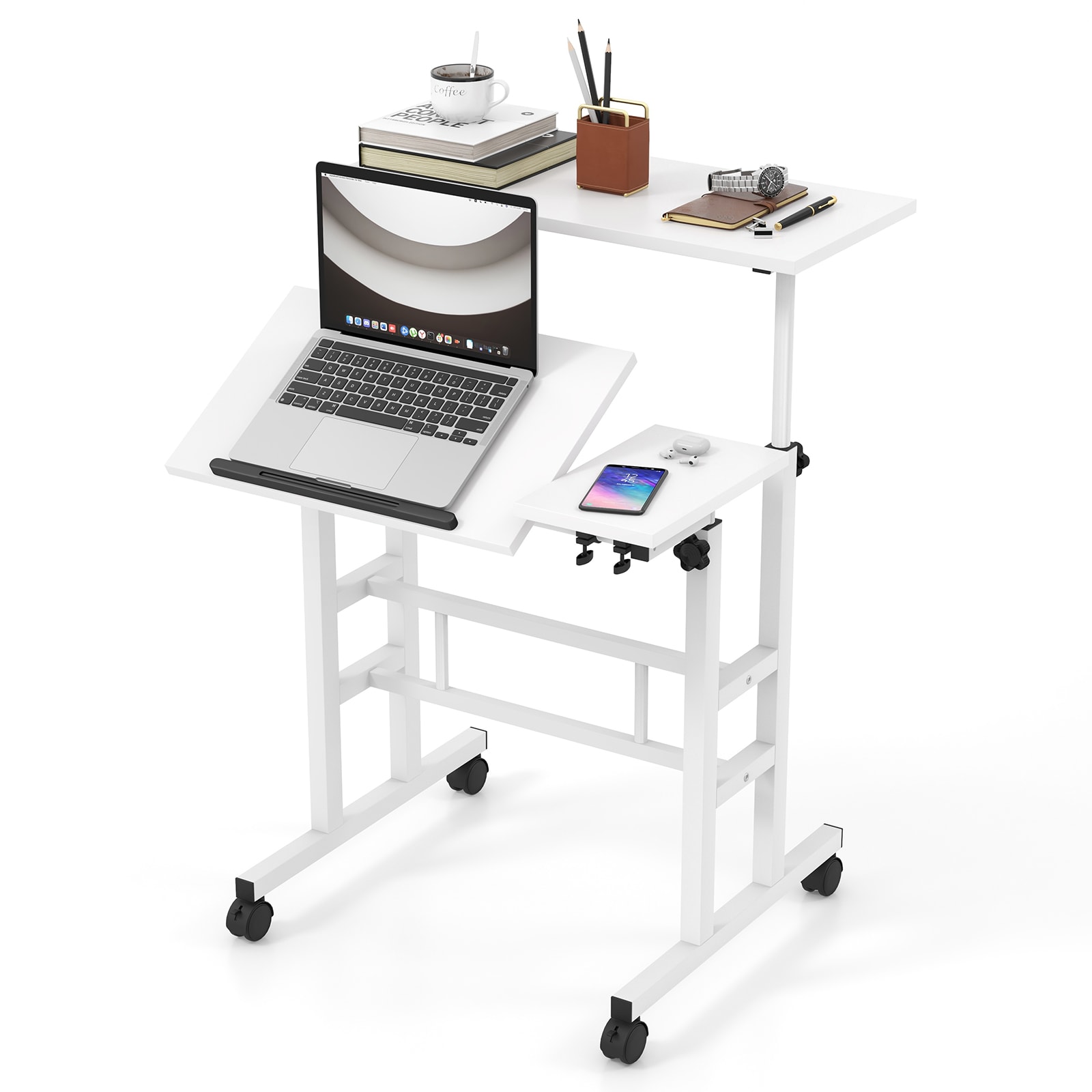 Slickblue - Mobile Standing Desk 27.5 Inch Modern MDF Steel Adjustable Sit Stand Computer Desk wi...