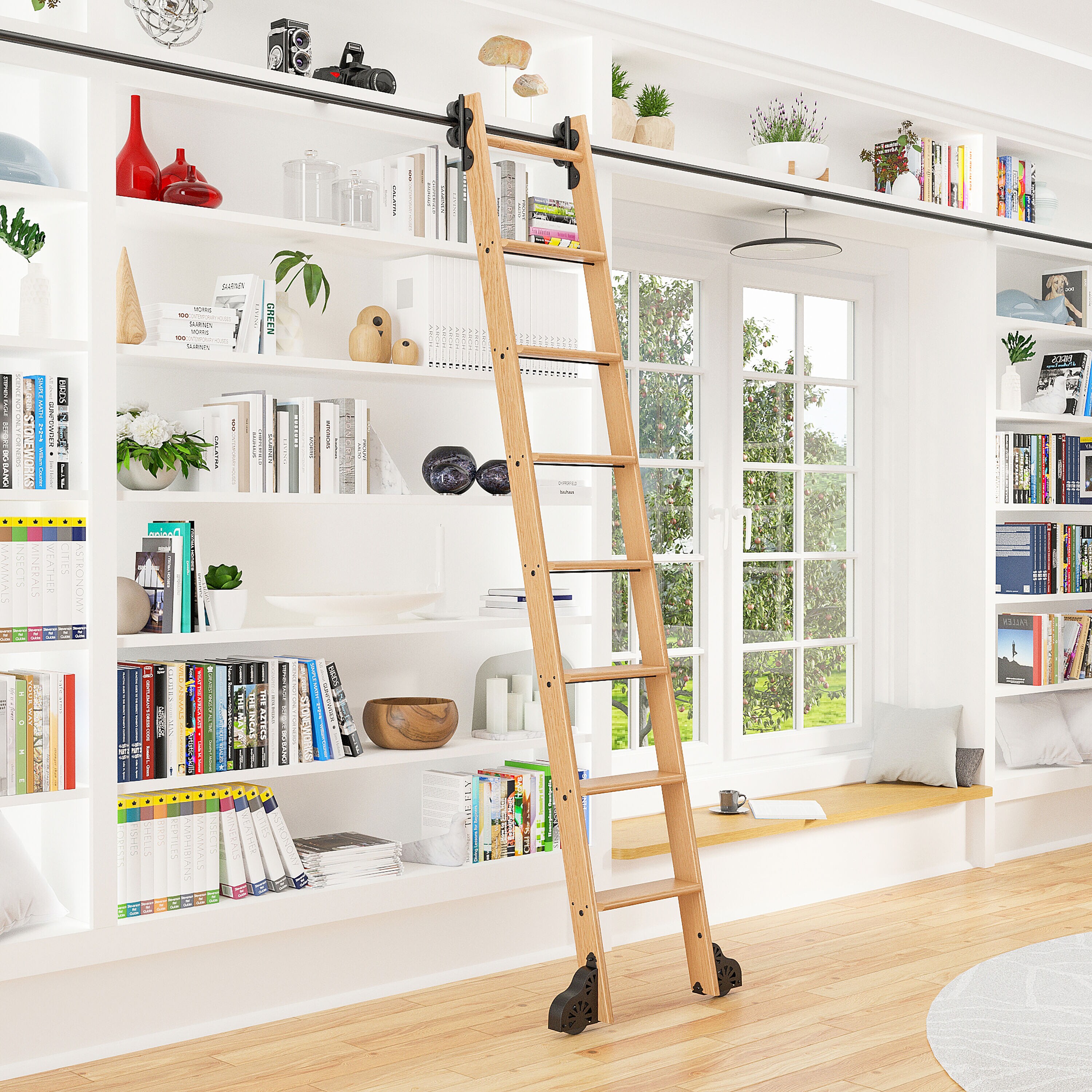 Quiet Glide 8-ft Unfinished Red Oak Library Ladder in the Library ...