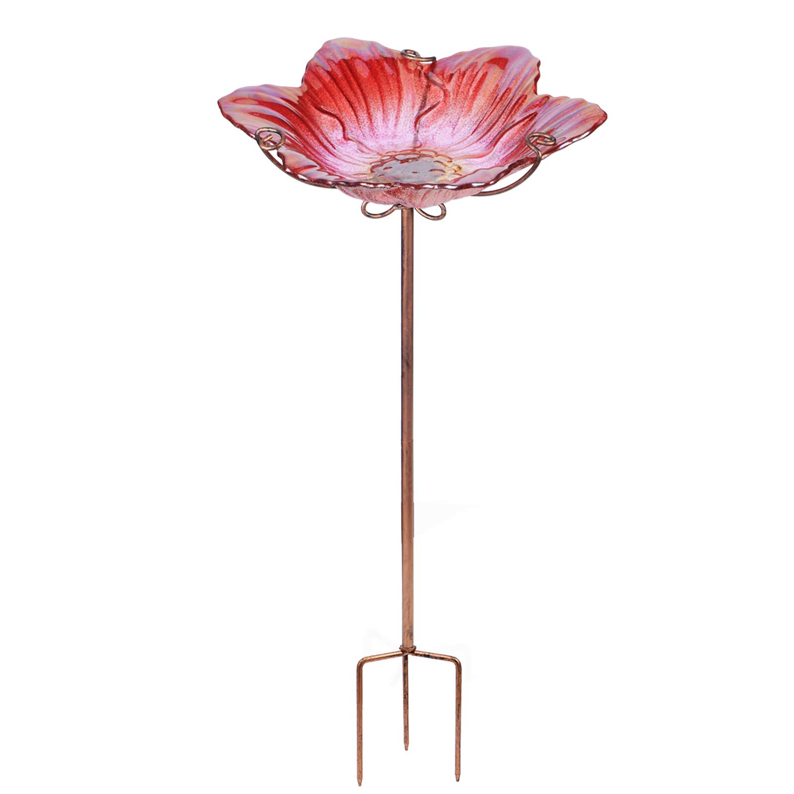 Aoibox  Red Glass Flower Pattern Bird Bath Bowl with Metal Stake Three Prong Base for Outdoor Garden Yard Lawn Decor 1 Piece Easy to Clean