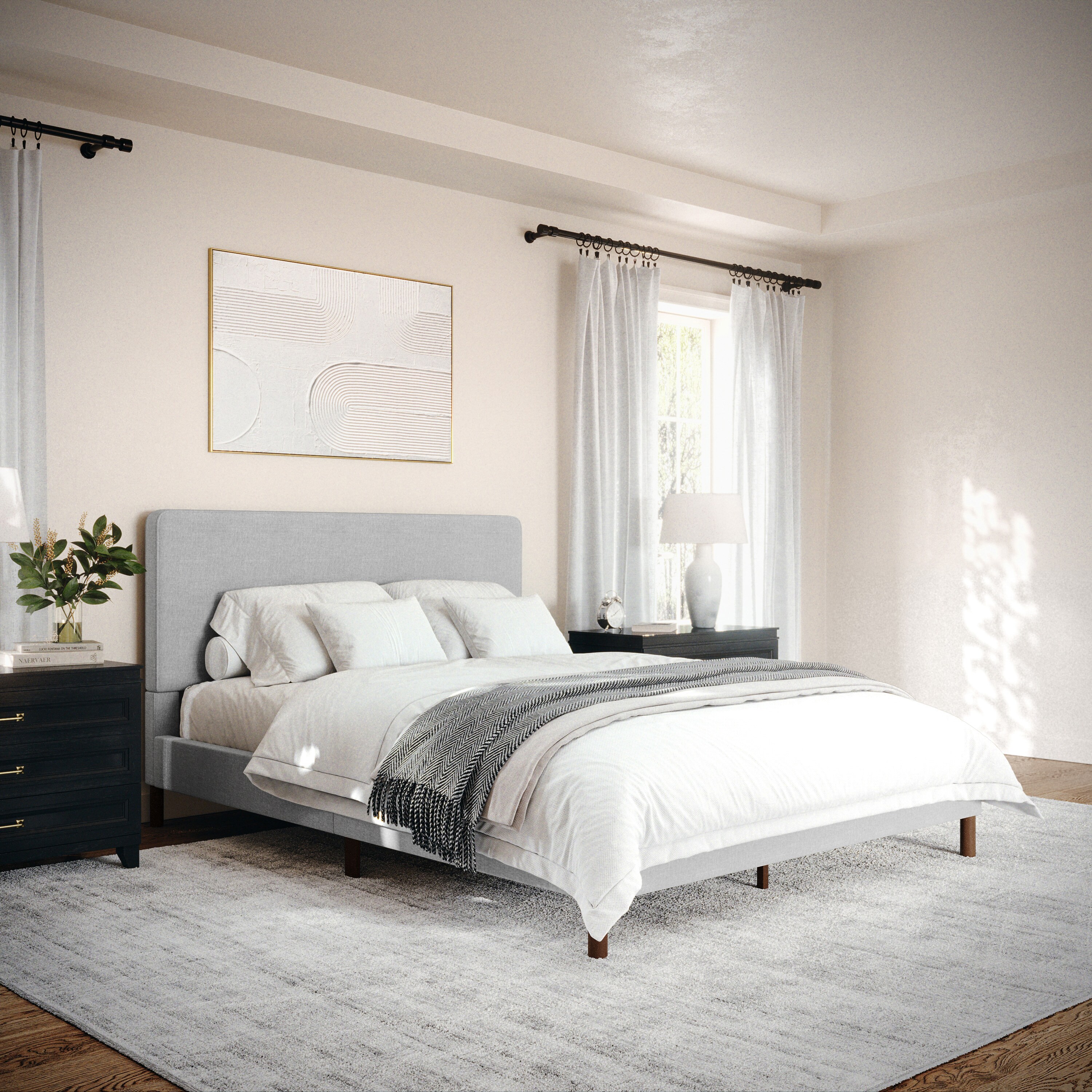 Gray Queen Upholstered Platform Bed with Linen Headboard