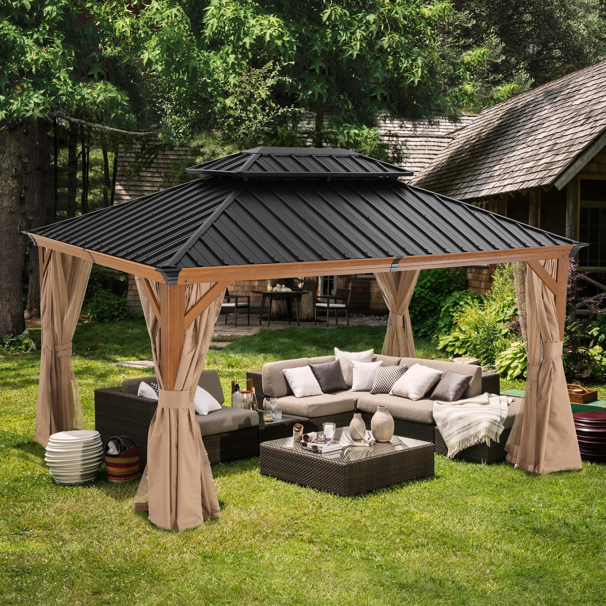 ABCCANOPY 12-ft x 16-ft Rectangle Wood Grain Metal Steel Roof Gazebo ...