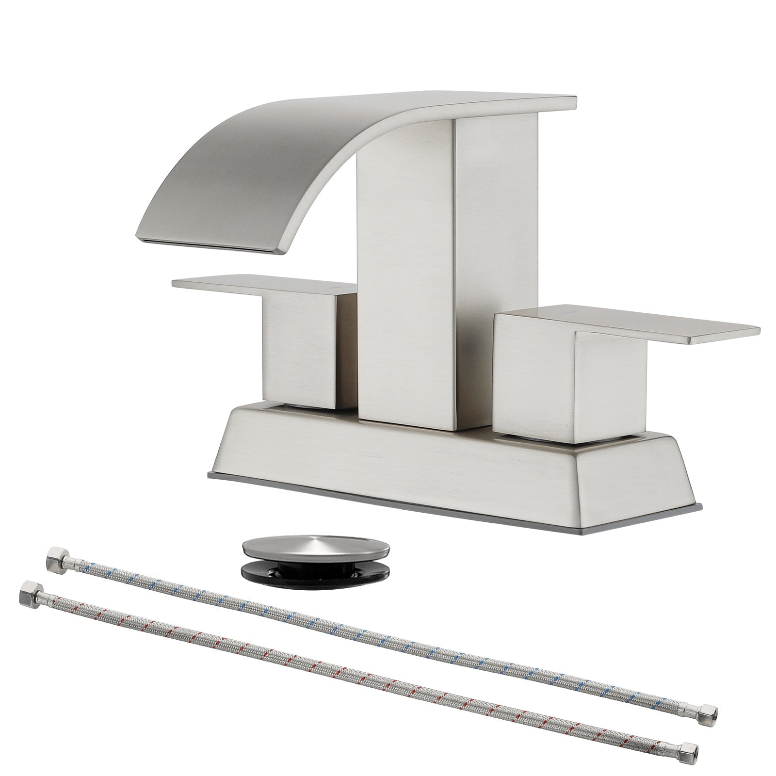 Boyel Living Brushed 4 Inch Centerset Faucet SUS304 Waterfall Spout 1.2GPM Dual Handle Pop Up Drain