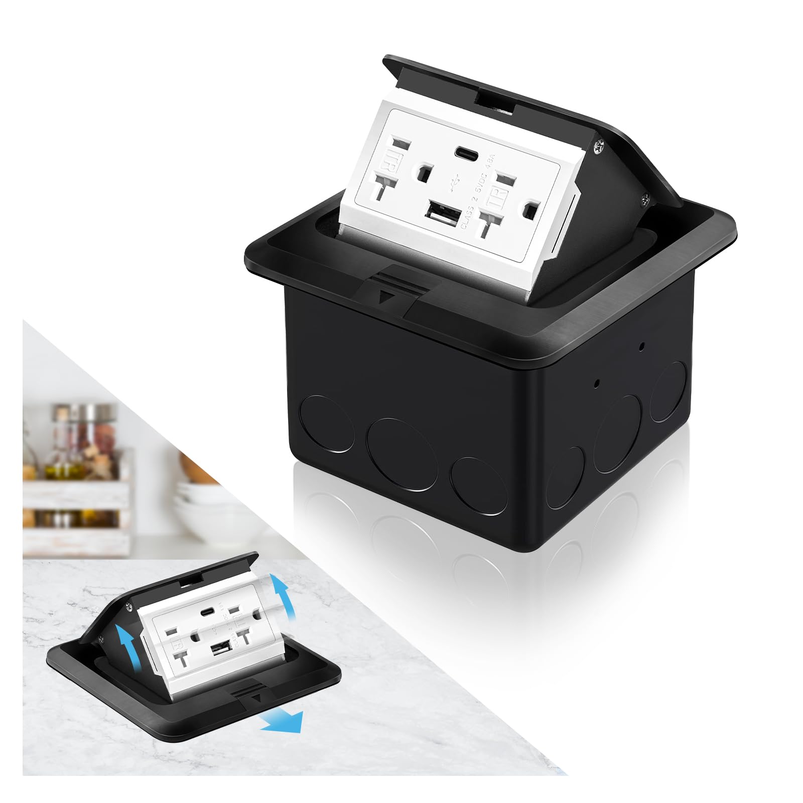 Ahfiwaso  Recessed Floor Electrical Outlet Kit Waterproof Electrical Outlet Covcer Box Hidden 4 8A USB A C 20A Tamper Resistant Receptacle Outlet