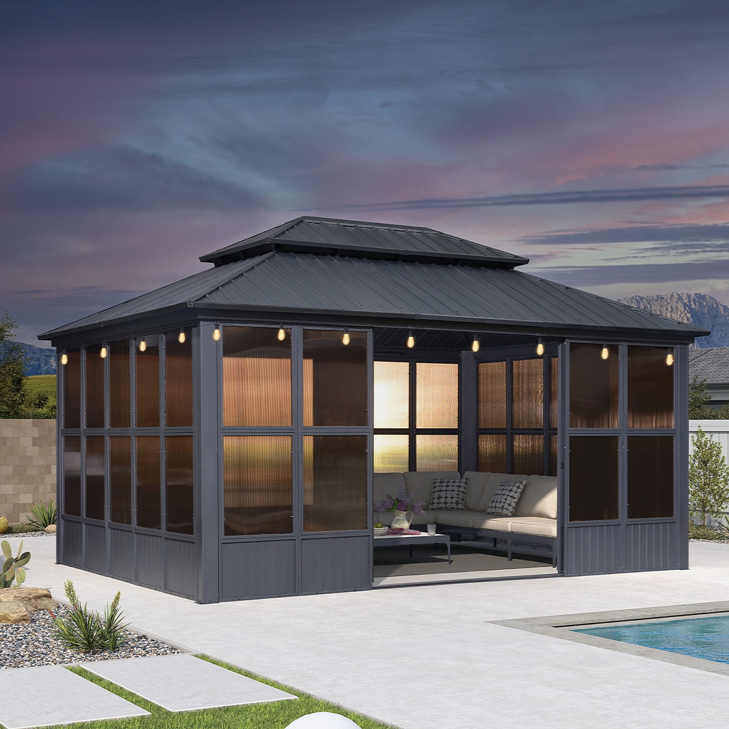 PURPLE LEAF 12 X 16 Permanent Hardtop Gazebo Galvanized Steel Double Roof Aluminum Outdoor Screen House for Lawn Deck Backyard Grey with 24 Lights in the Gazebos department at Lowes