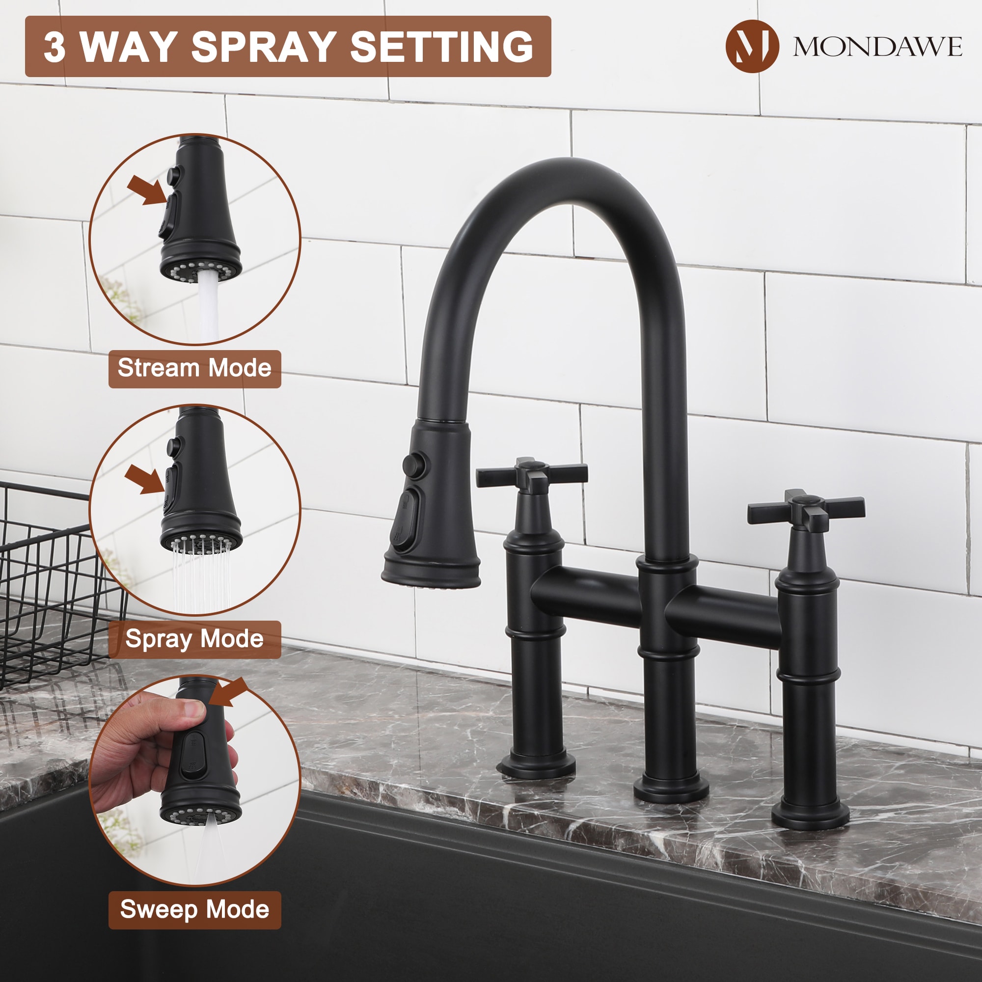 Mondawe MO-DT40019MB Matte Black Double Handle Deck-mount Bridge Kitchen Faucet with Sprayer