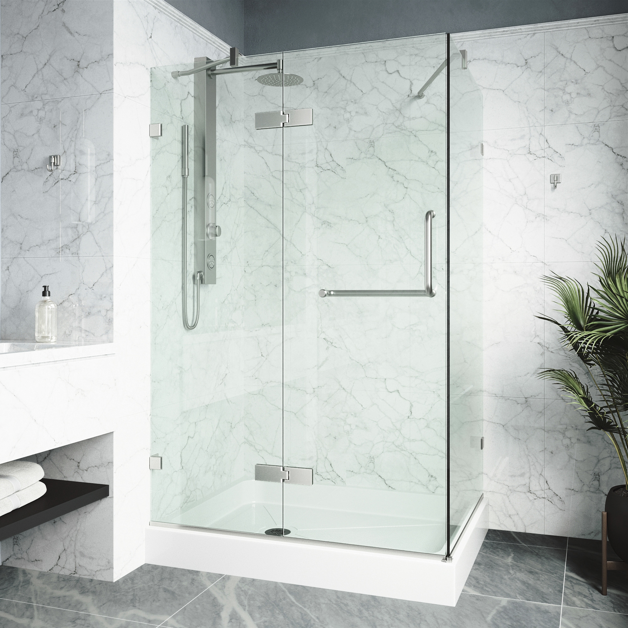 VIGO VG6011BNCL48WL Monteray 2 -Piece 48-in W x 32-in L x 79-in H Rectangular Corner shower kit ( Left Drain) Base and Door Included Brushed nickel Hardware Included