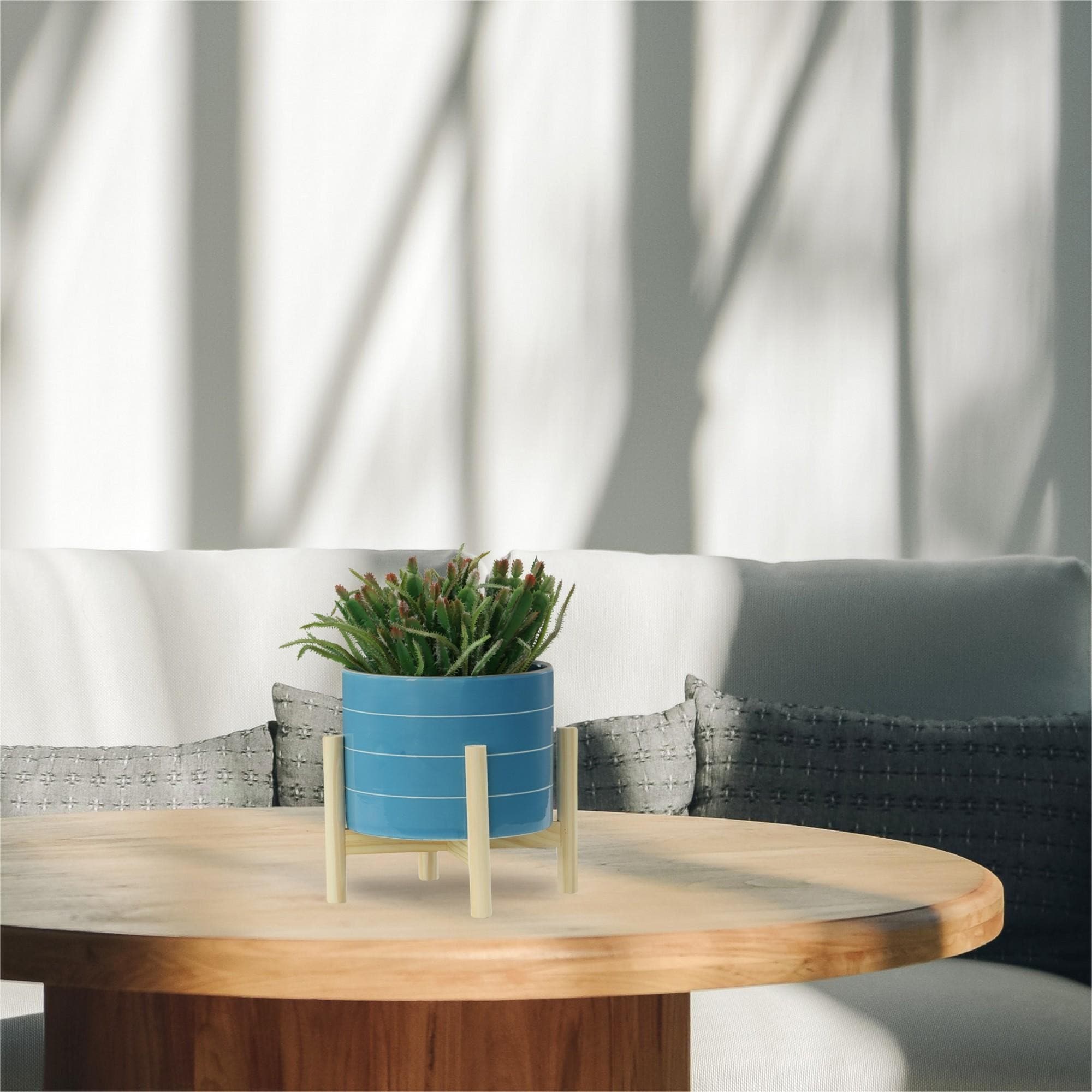 Yiekholo LL-1707AA Round 8.0-in W Medium Blue Ceramic Indoor/Outdoor Planter with Drainage Holes with Self Watering