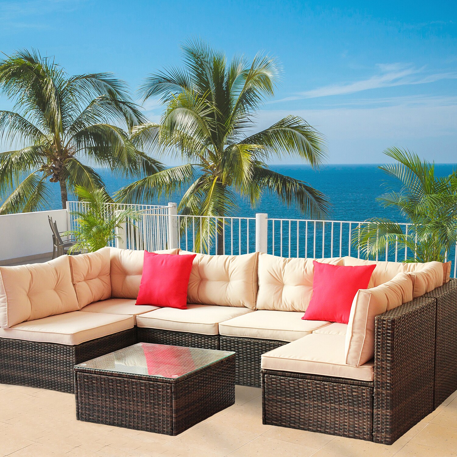 SINOFURN Rattan Outdoor Sectional with Red Cushion(S) and Rattan