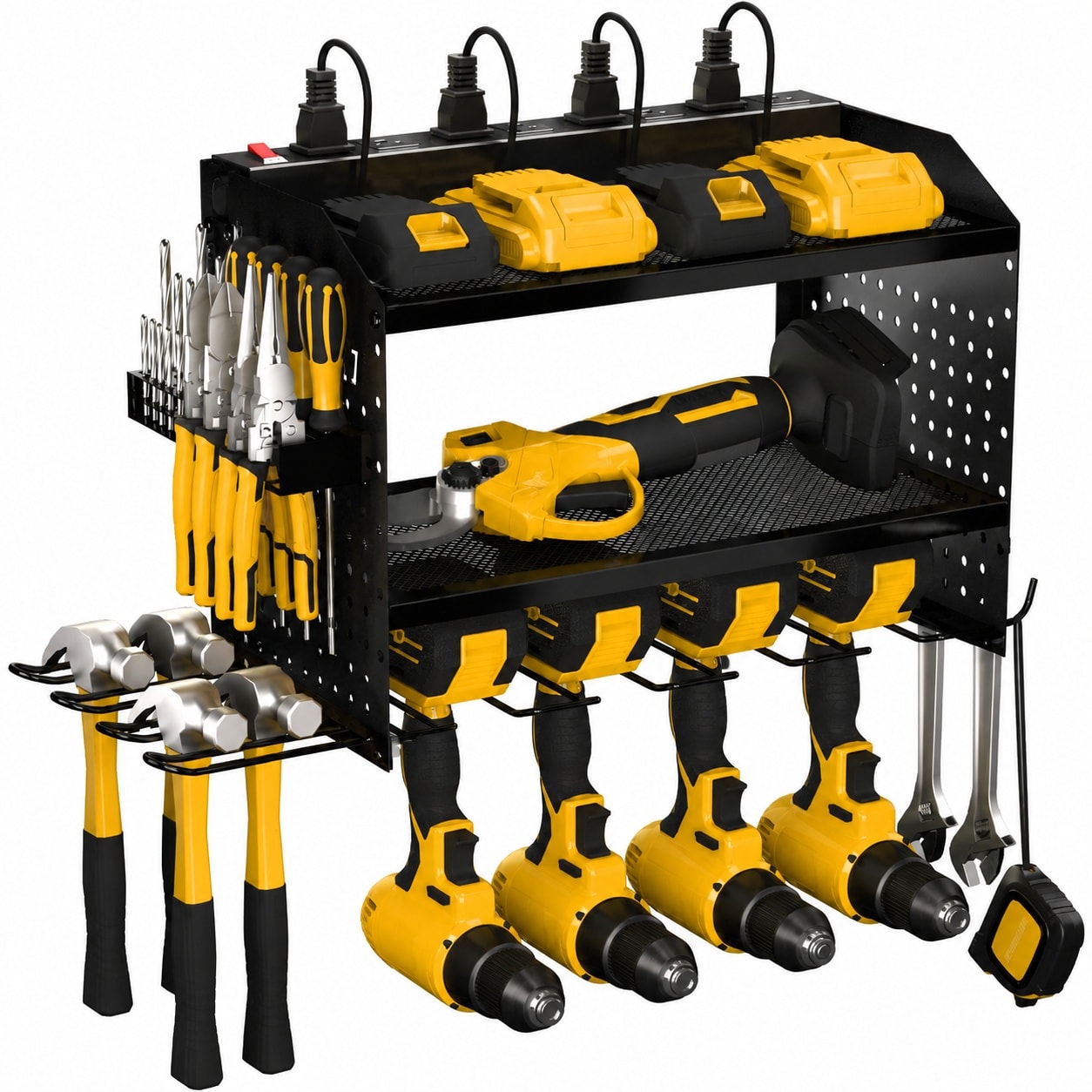 Ahfiwaso  Power Tool Organizer with Charging Station Heavy Duty Modular Wall Mount Rack for Garage Shed Workshop 4 Drill Holders Pegboard Storage