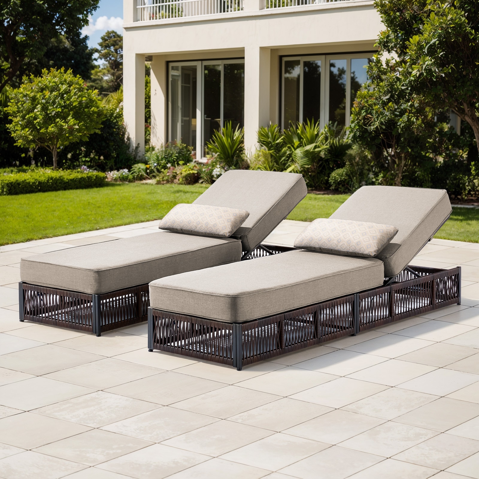 Pocassy PJ-HIBR150AA-2 Set of 2 Wicker Brown Steel Frame Stationary Conversation Chair with Beige Solid Seat