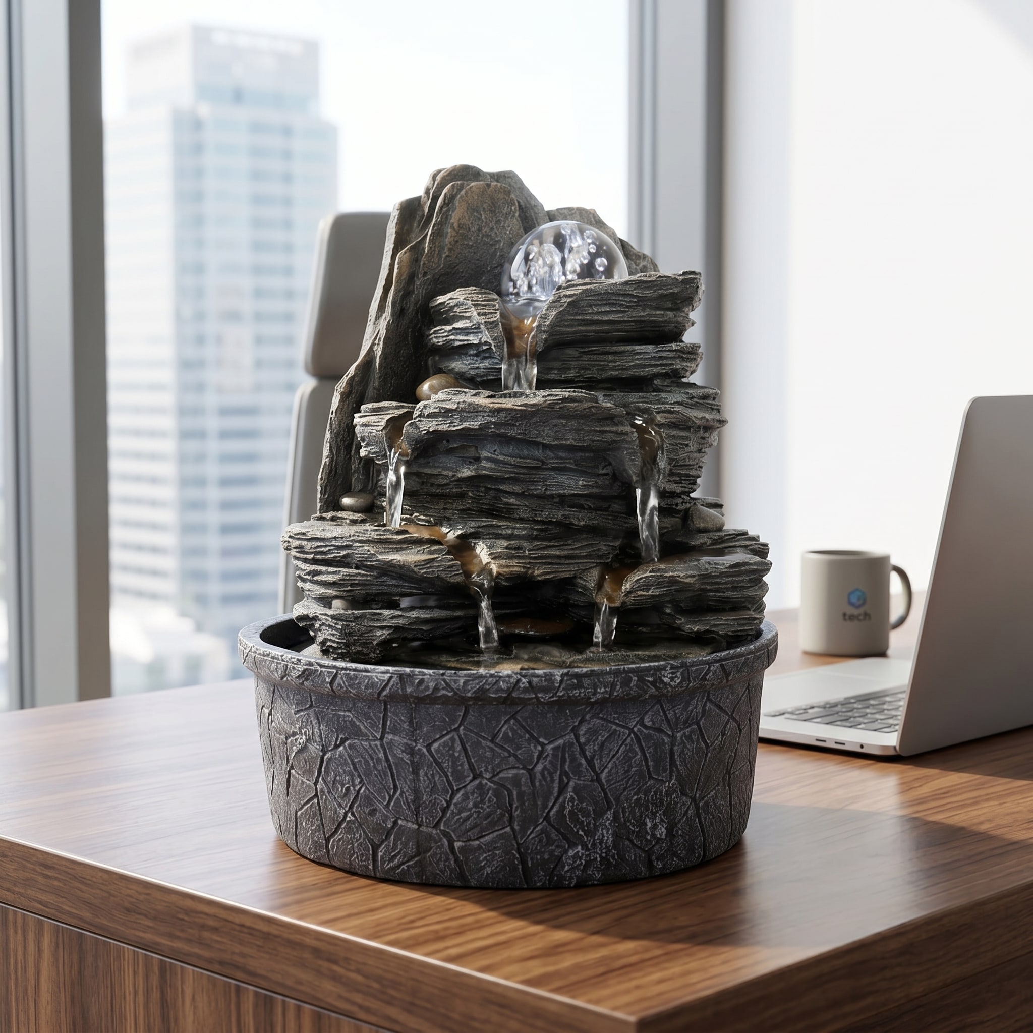Watnature  Indoor Rockery Tabletop Water Fountain with Lights and Crystal Ball 9.8 Inch Zen Water Feature for Bedroom Office Decor