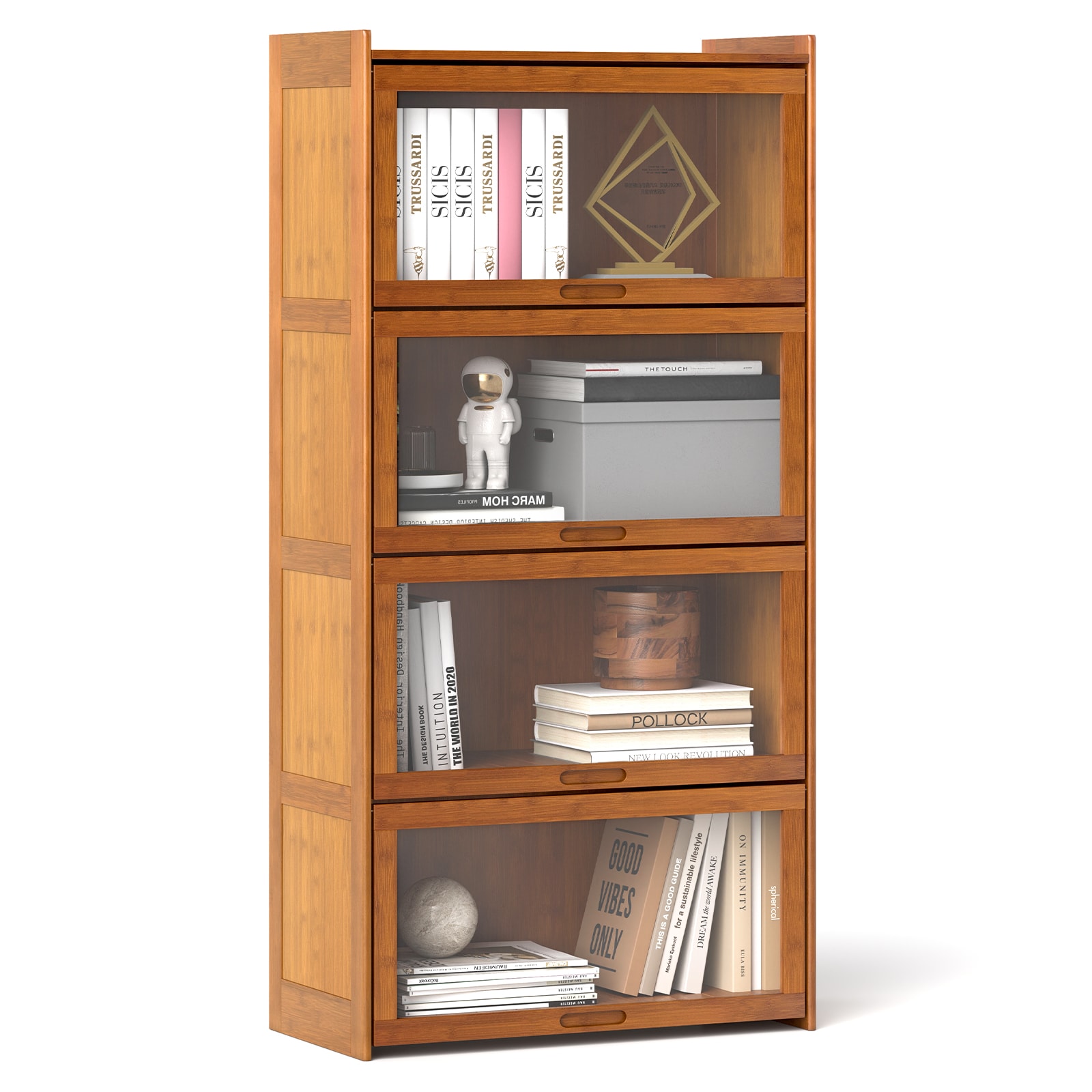 Volenca - 4-Tier Bamboo Bookcase 55-in Tall with See-Through Acrylic Flip Doors and Guardrails