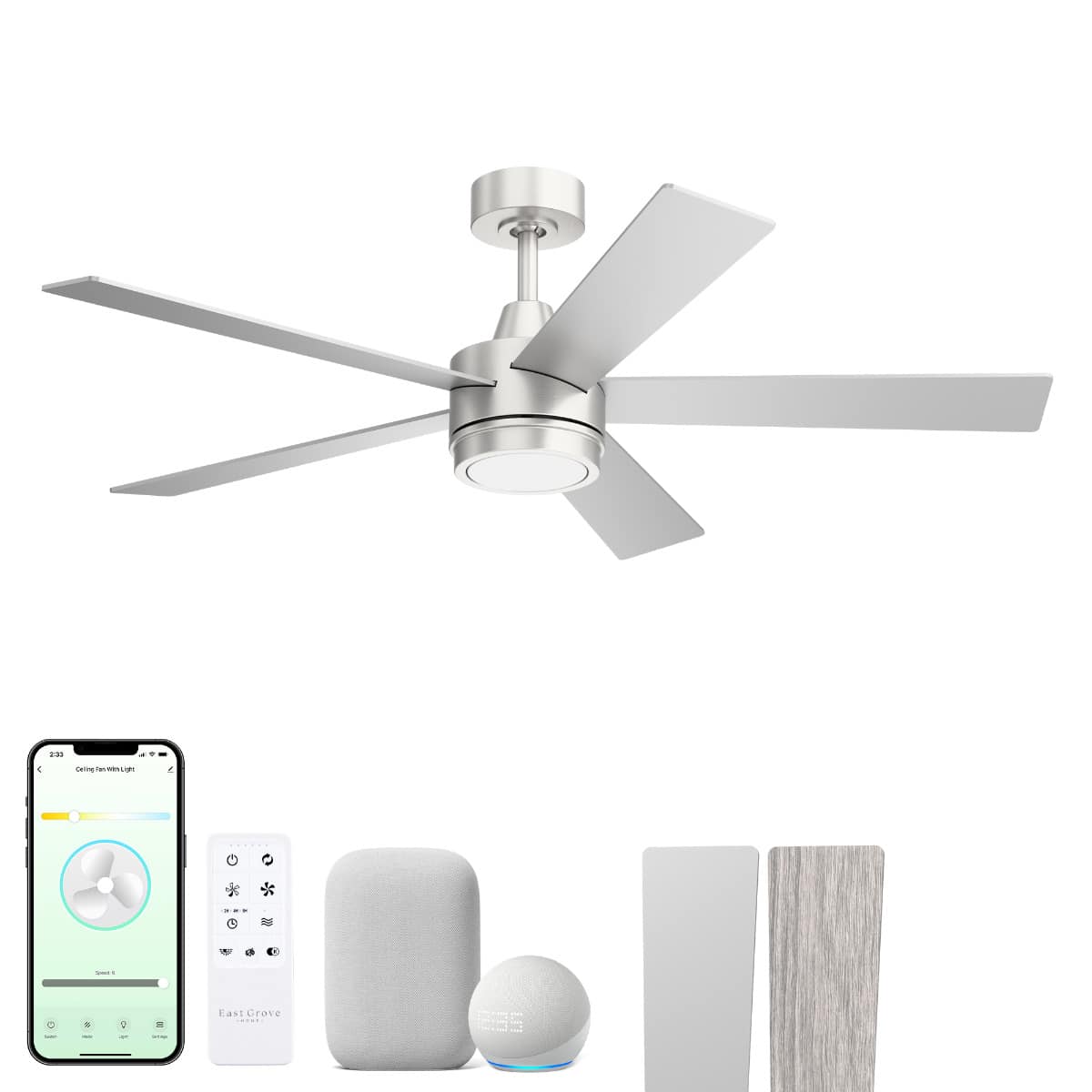 East Grove Home Vantage 52in 5-Blade Smart Ceiling Fan 2700K-6000K CCT Tunable Range LED Light Kit in Brushed Nickel Hardware with Reversible Weathered Wood or Titanium Blades Works With iOS or Android App