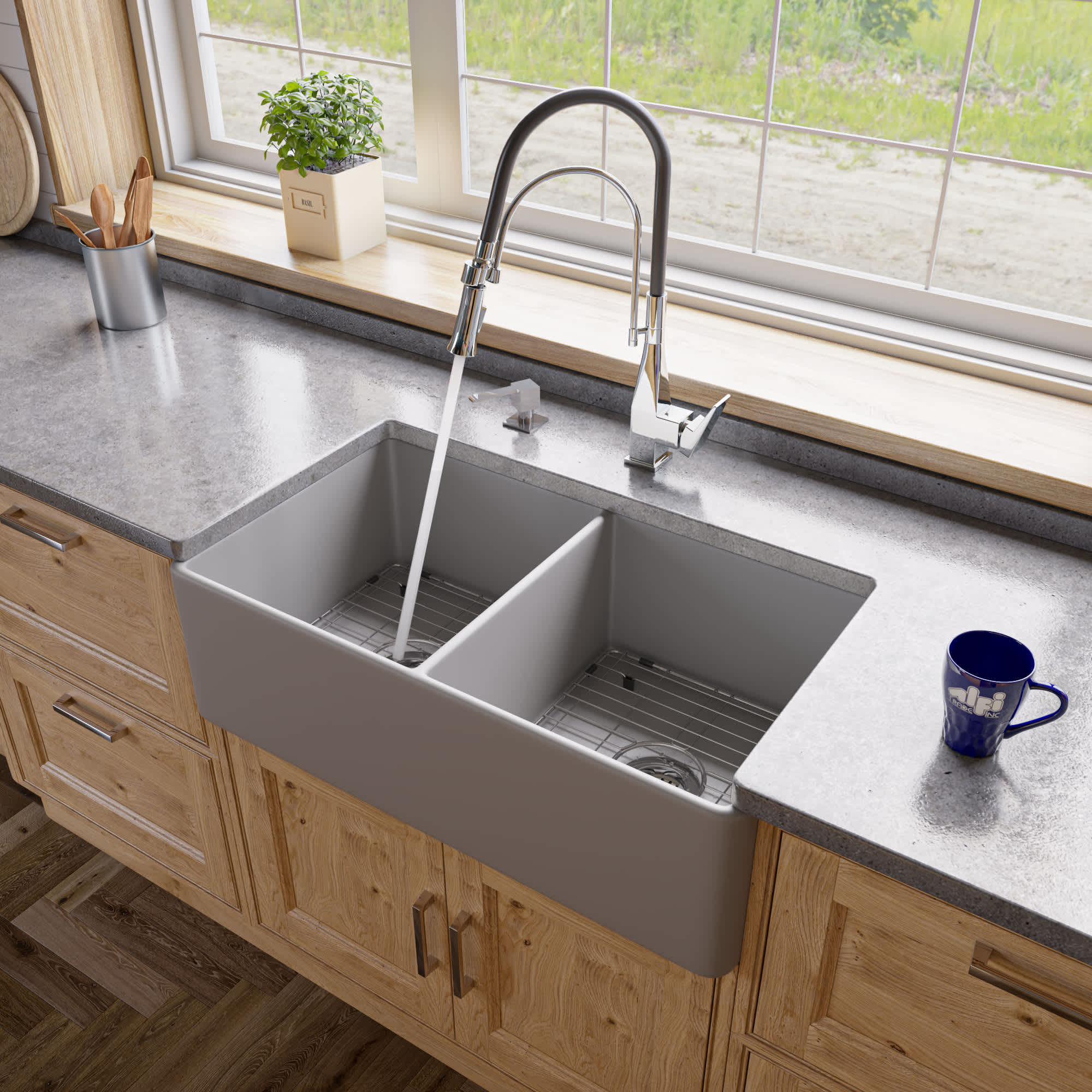 ALFI ABF3318D-GM ABF3318D-GM Gray Matte Smooth Apron 33-in x 18-in Double Bowl Fireclay Farm Sink
