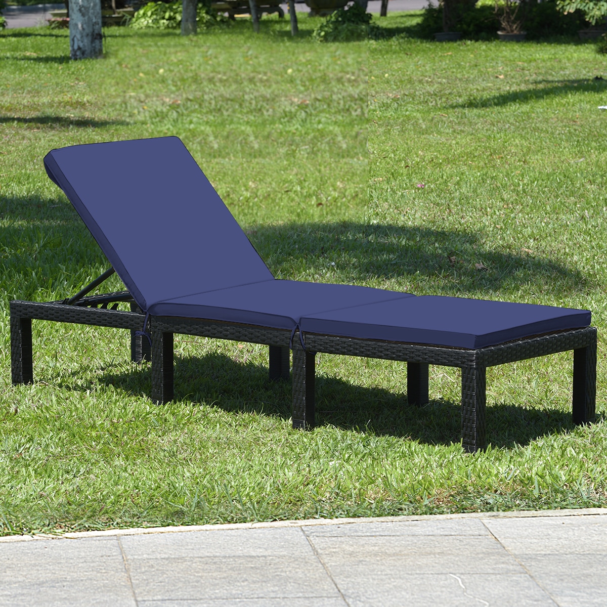 Costway Rattan Navy Rattan Frame Chaise Lounge Chair with Blue Solid ...