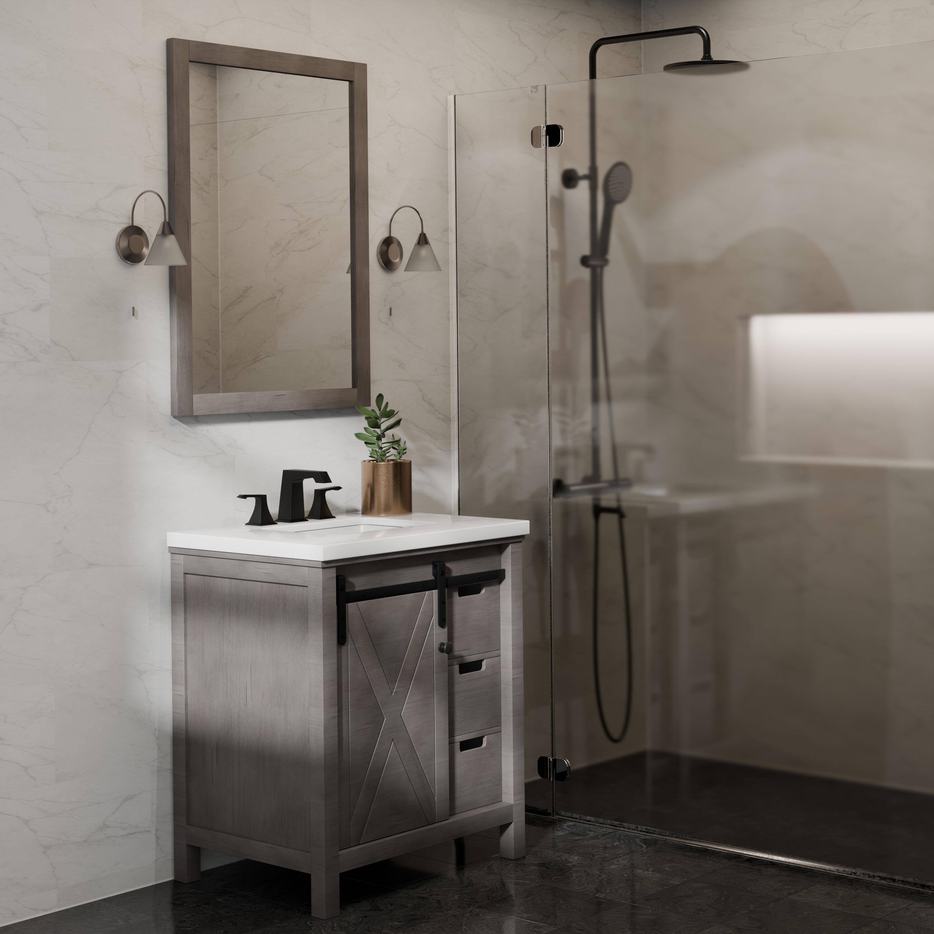 Lexora LM342230SH00M28 Marsyas 30-in Ash Grey Bathroom Vanity Base Cabinet without Top (Mirror Included)