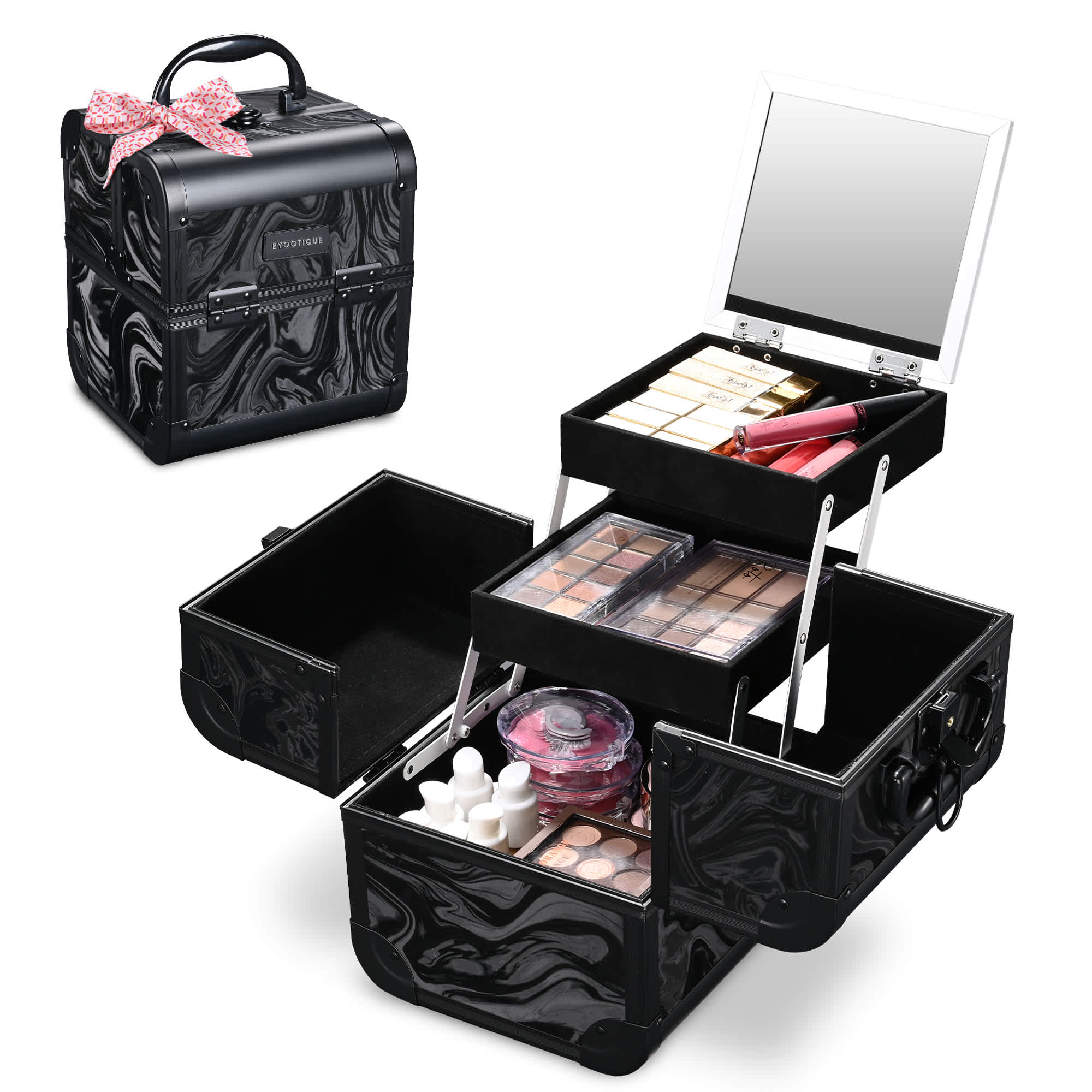 Yescom 12MKC028-SMALL-C6-LO Byootique Makeup Train Case Cosmetic Organizer with Mirror Tray Artist CB Shadows