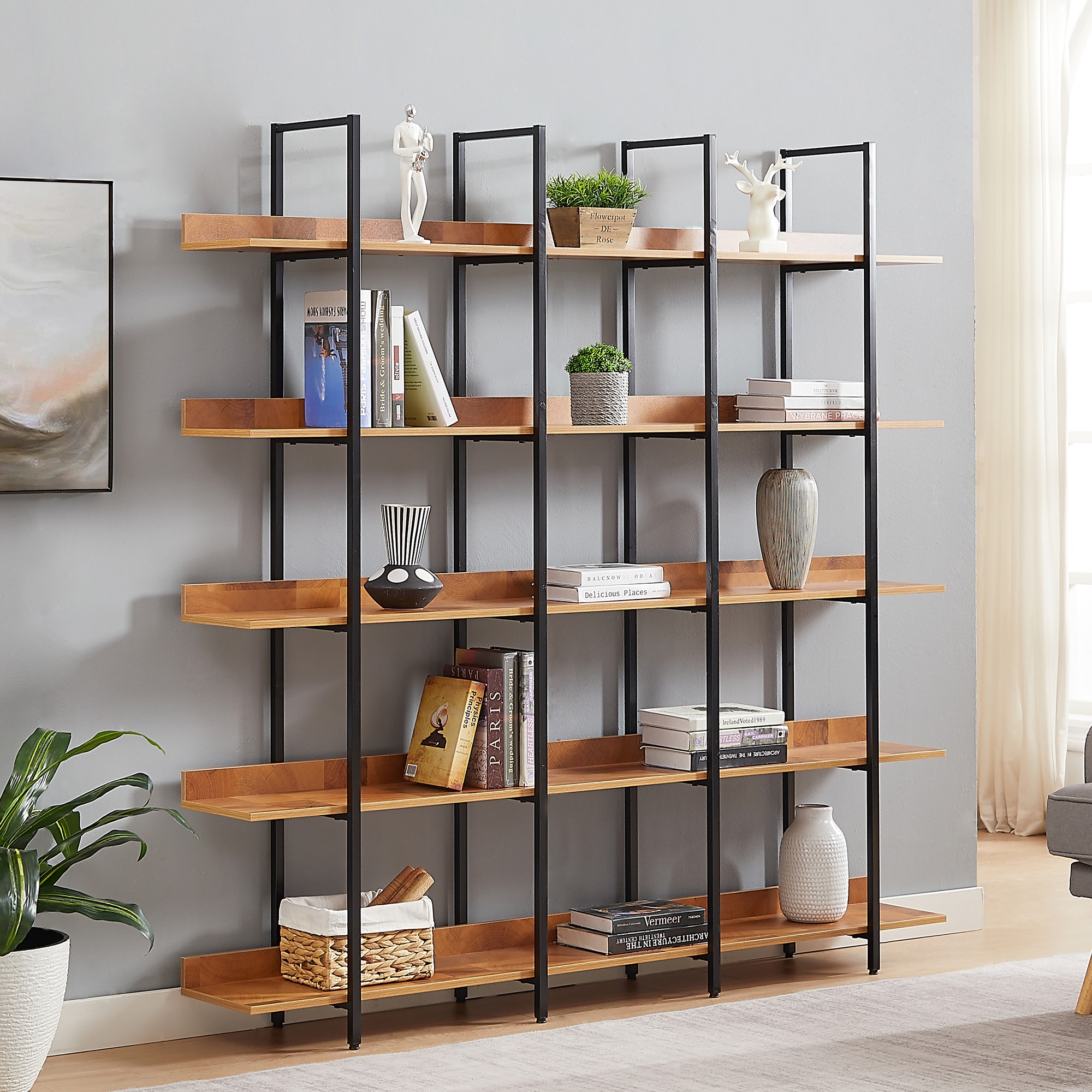 GDFStudio Vintage Industrial 5-Tier Open Shelves Bookcase with Anti-Falling Adjustable Foot Pads and Heavy-Duty Metal Steel Frame for Multifunctional Storage Home Office Use - Brown and Black