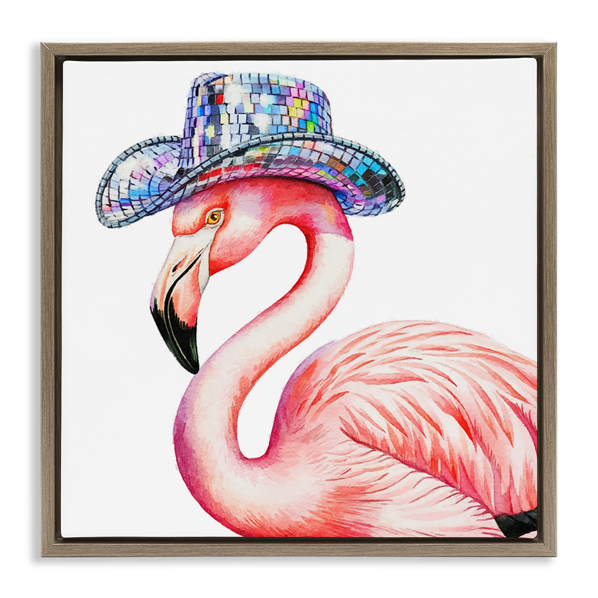 Stupell Industries BS-113-FFE-24X24 Disco Hat on Flamingo Brown Framed Floater Canvas Wall Art By Amanda Greenwood 25 x 25