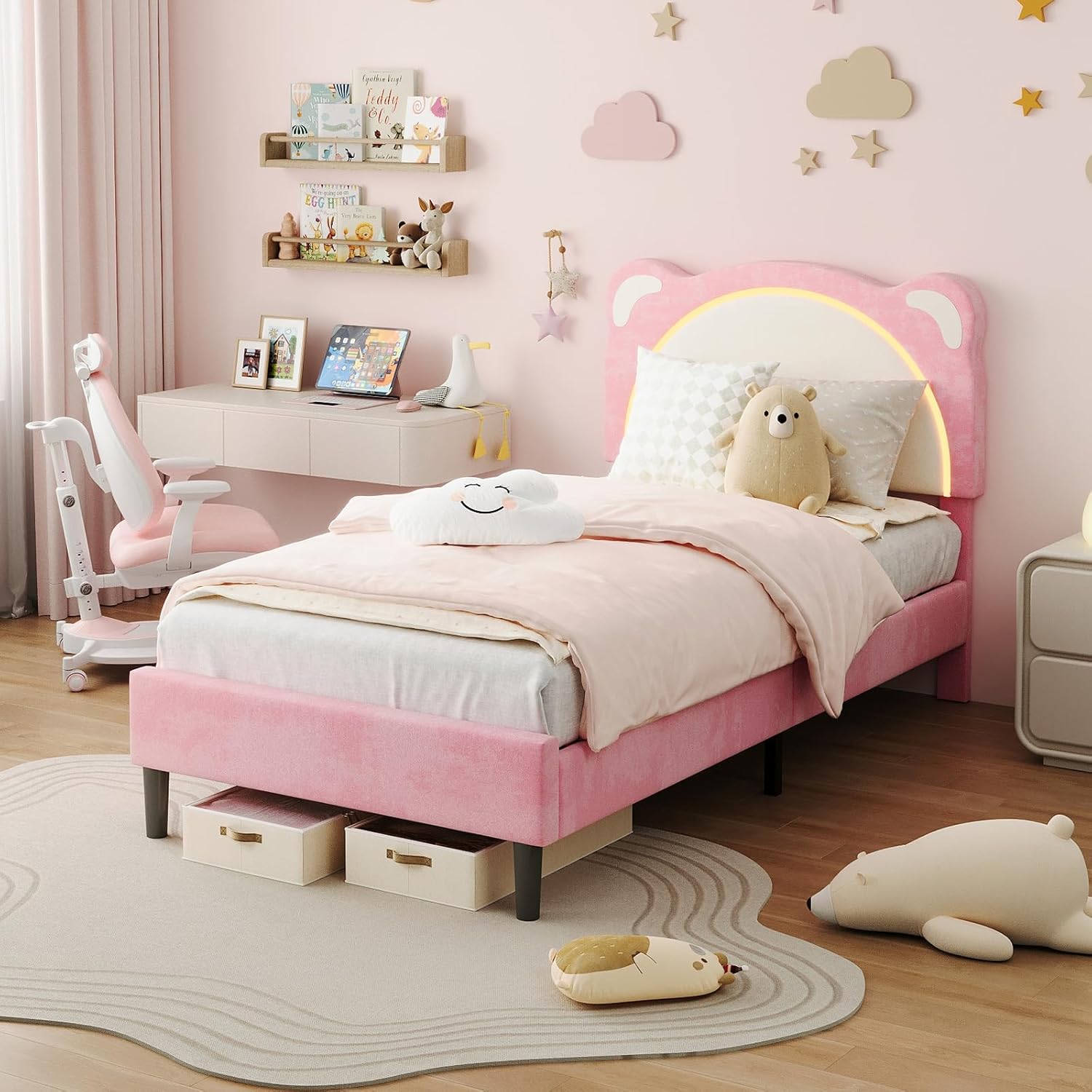 Der Rose DYQ-PHK-34DENN89 GarveeHome Twin Bed Frame for Kids  Upholstered Platform Bed Frame with Adjustable Headboard  Led Light  Wooden Slats Support  No Box Spring Needed  for Kids Room Nursery