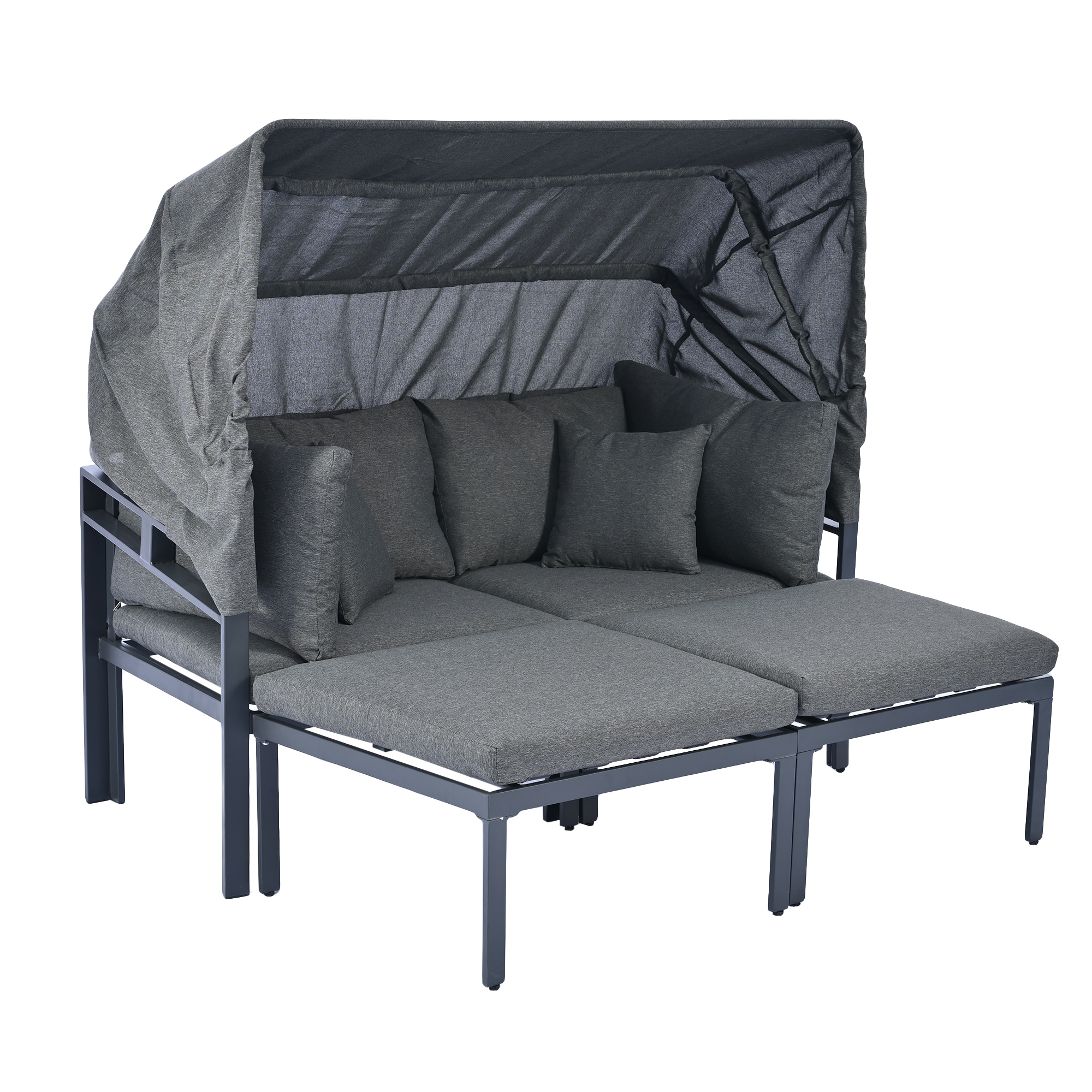 ModernLuxe L-SP100025AAE 3-Piece Patio Daybed with Retractable Canopy Outdoor Daybed with Gray Cushions and Iron Frame