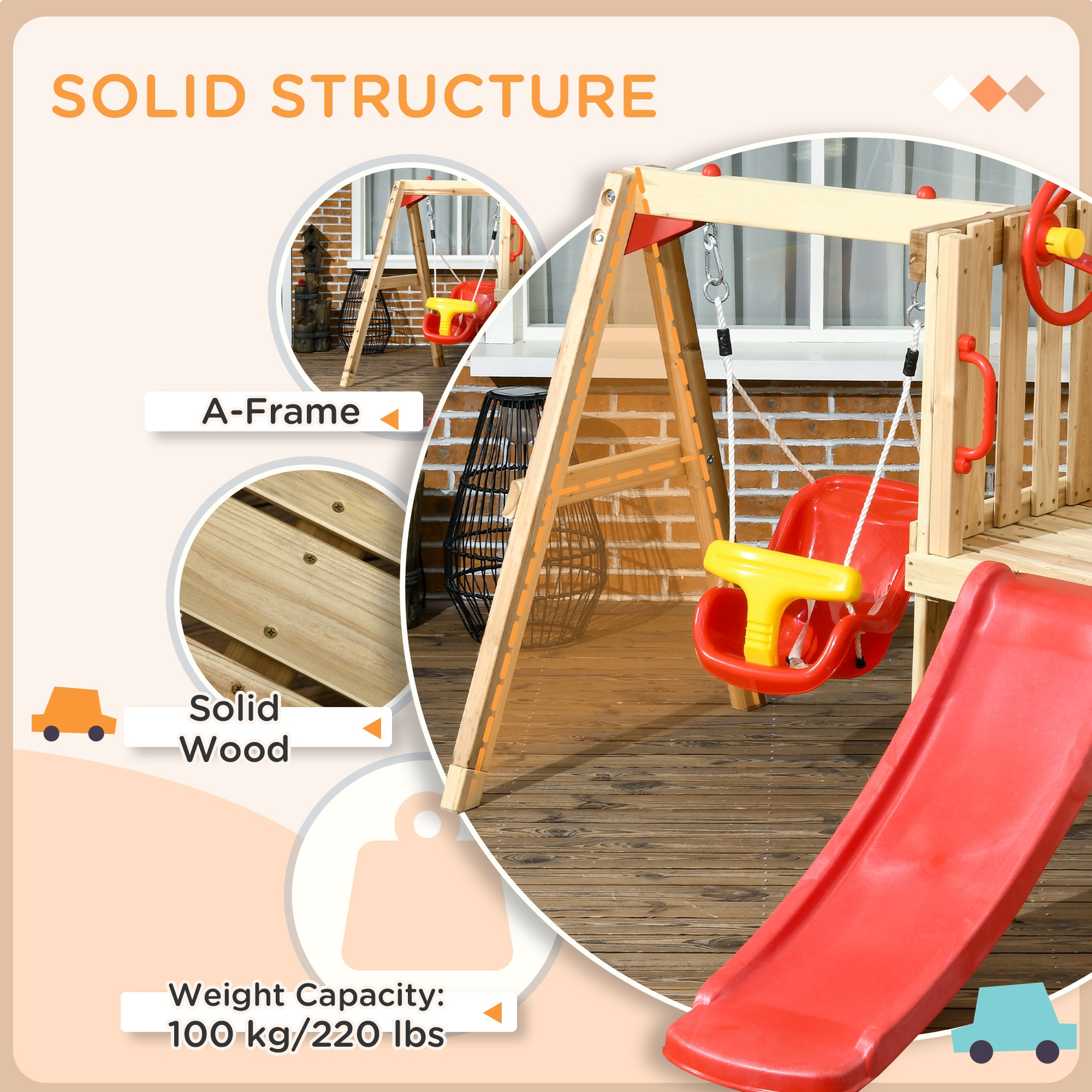 Outsunny 4in1 Wooden Swing Set Kids Outdoor Playset with Swing