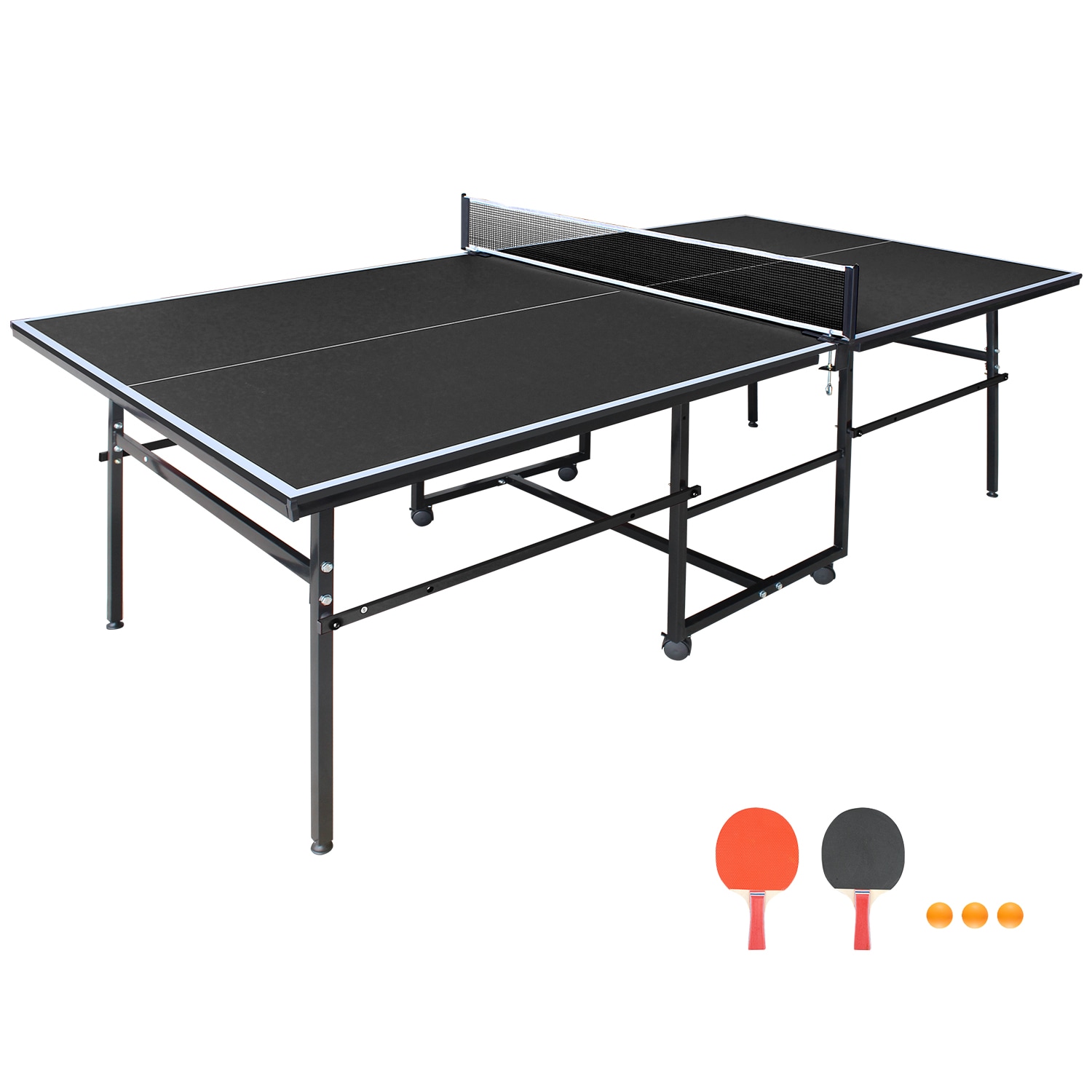 Huluwat 8 1/2 Feet x 4 3/10 Feet Black Foldable Portable Mid Size Table Tennis Set for Indoor Games Equipped with Net 2 Table Tennis Paddles and 3 Balls