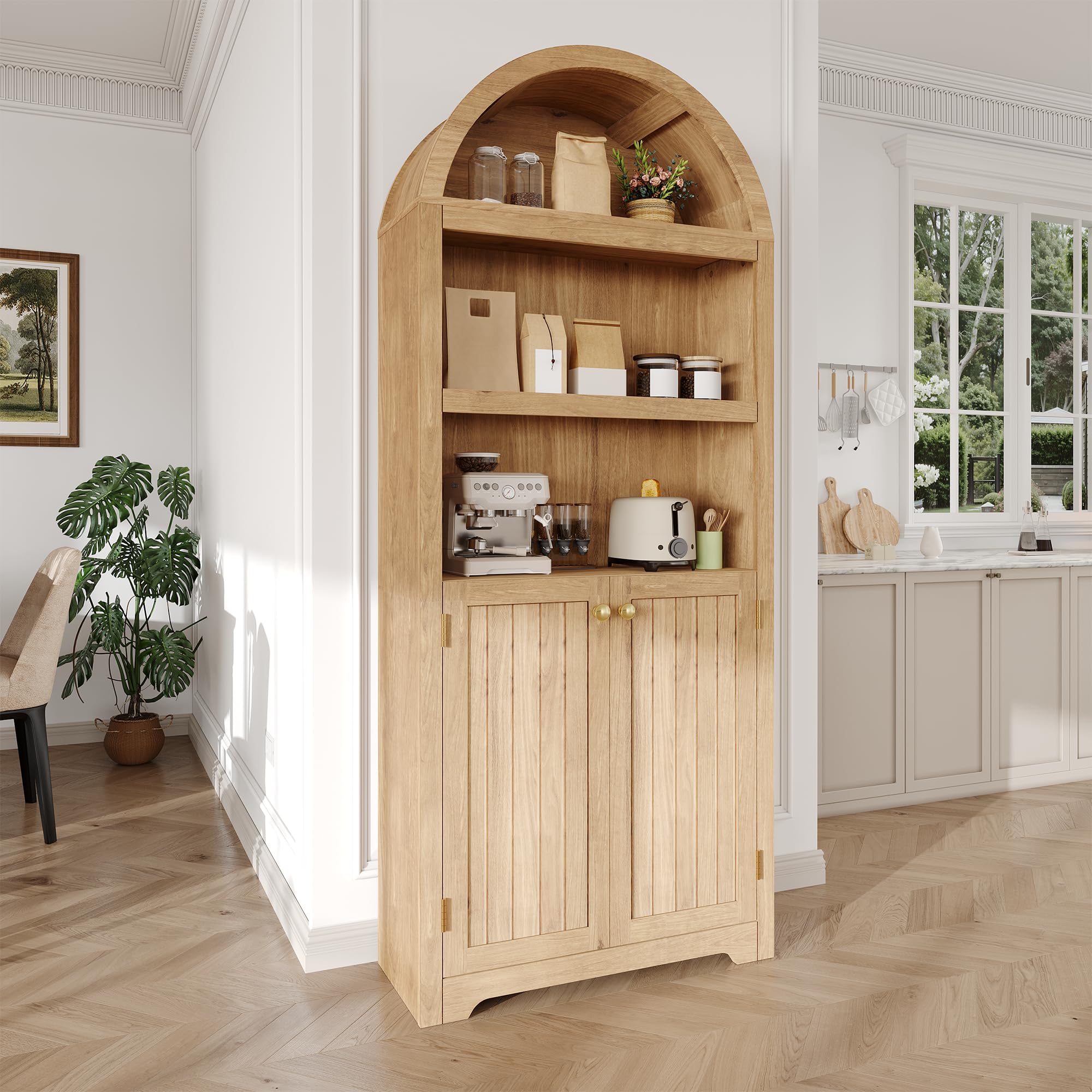 Garvee Arched Storage Cabinet with Adjustable Shelves and 2 Doors Farmhouse 6 Tier Bookcase Kitchen Pantry Display Shelf for Living Room and Dining Area Organization Natural