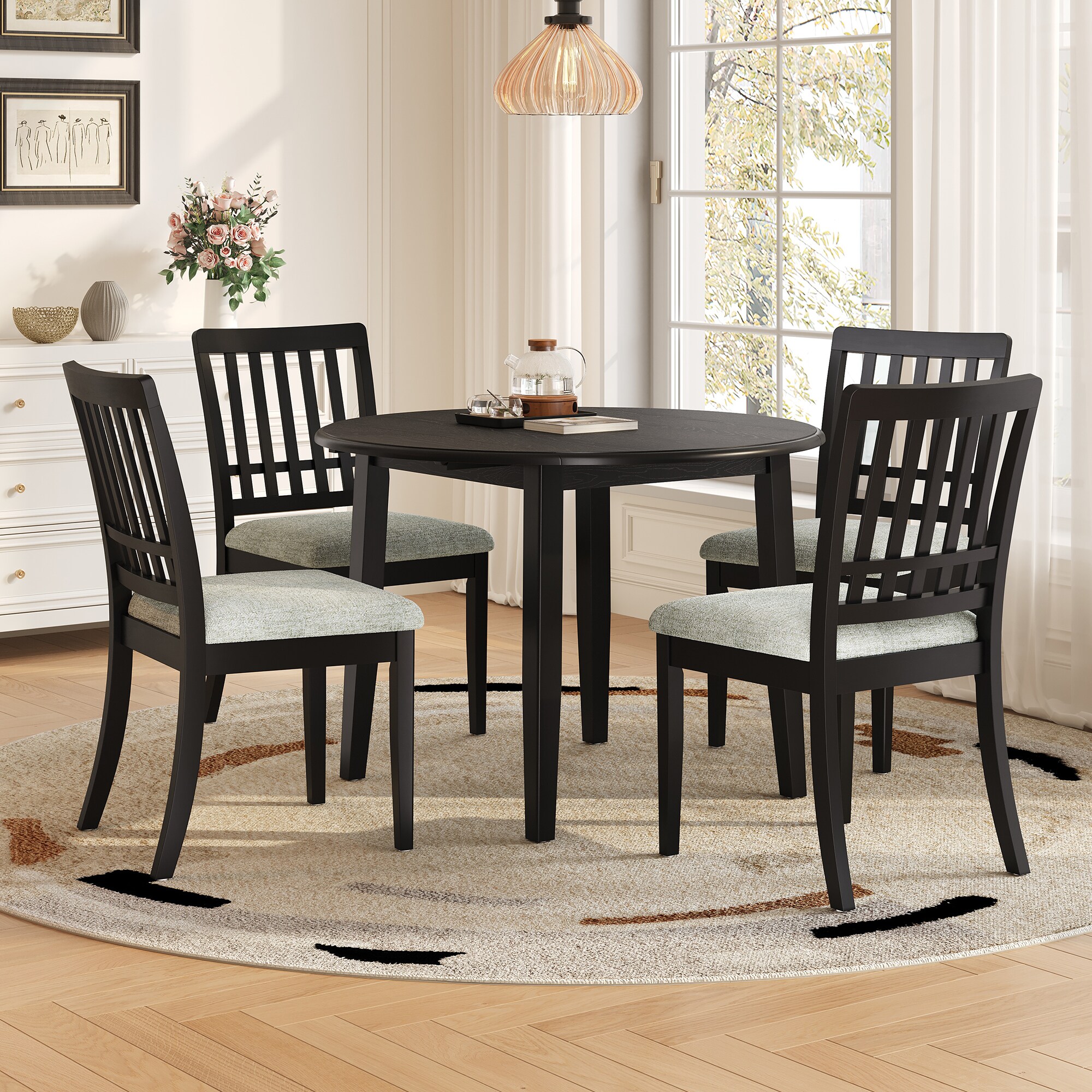GDFStudio - Farmhosue 5-Piece Dining Set - 42.36 in Round Extendable Dining Table with 4 Upholste...