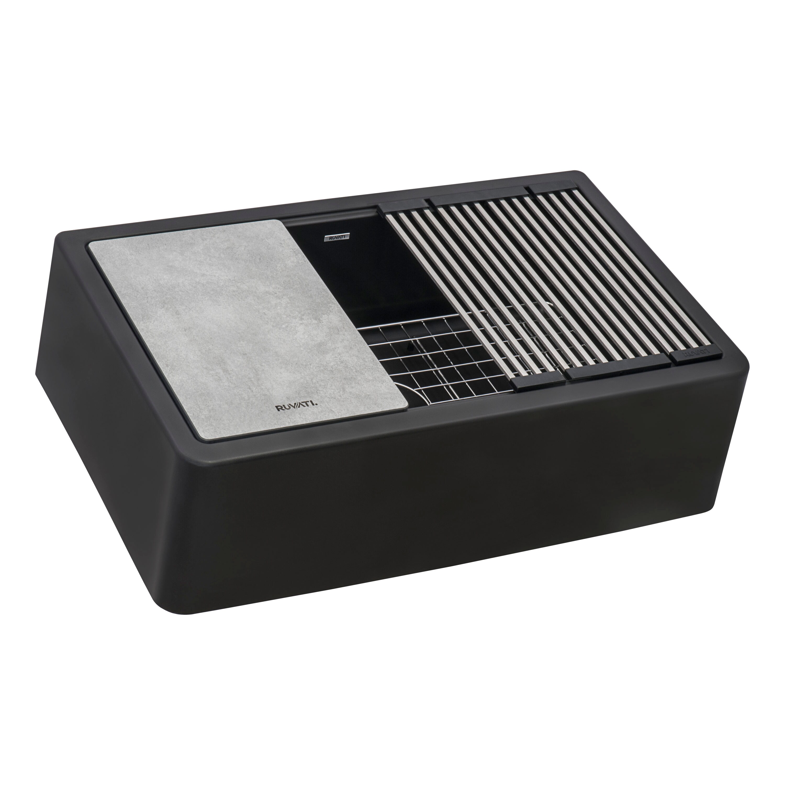 Midnight Black Granite Farmhouse Workstation Sink with Accessories