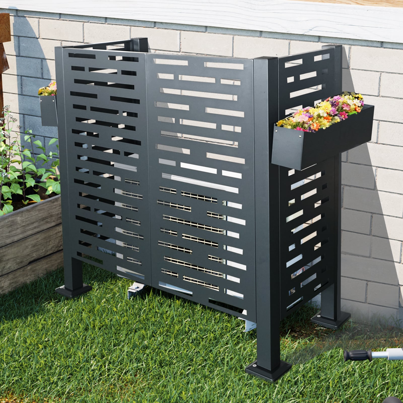 GDFStudio Outdoor 4ft x 2ft Metal Air Conditioner Privacy Fence Cover with Freestanding Design and Decorative Planter Boxes Charcoal