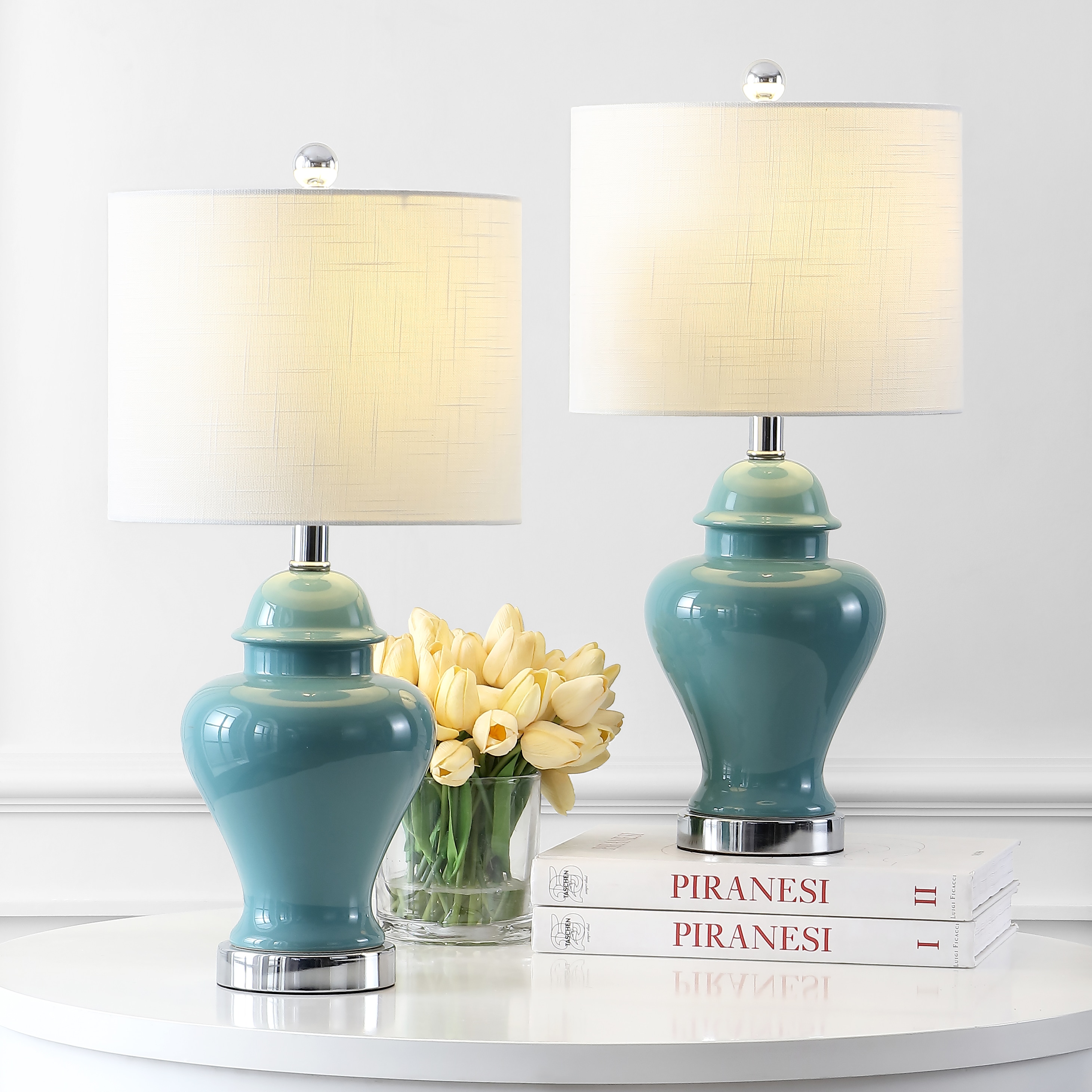 JONATHAN  Y JYL6602A-SET2 Qin Chinoiserie Cottage Ceramic/Iron Ginger Jar 22-in Green LED Incandescent On/Off switch Table Lamp with Linen Shade