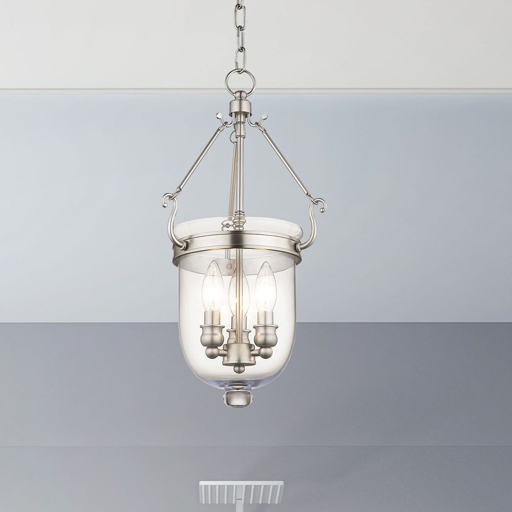 Elegant Brushed Nickel 3-Light Indoor/Outdoor Glass Jar Chandelier