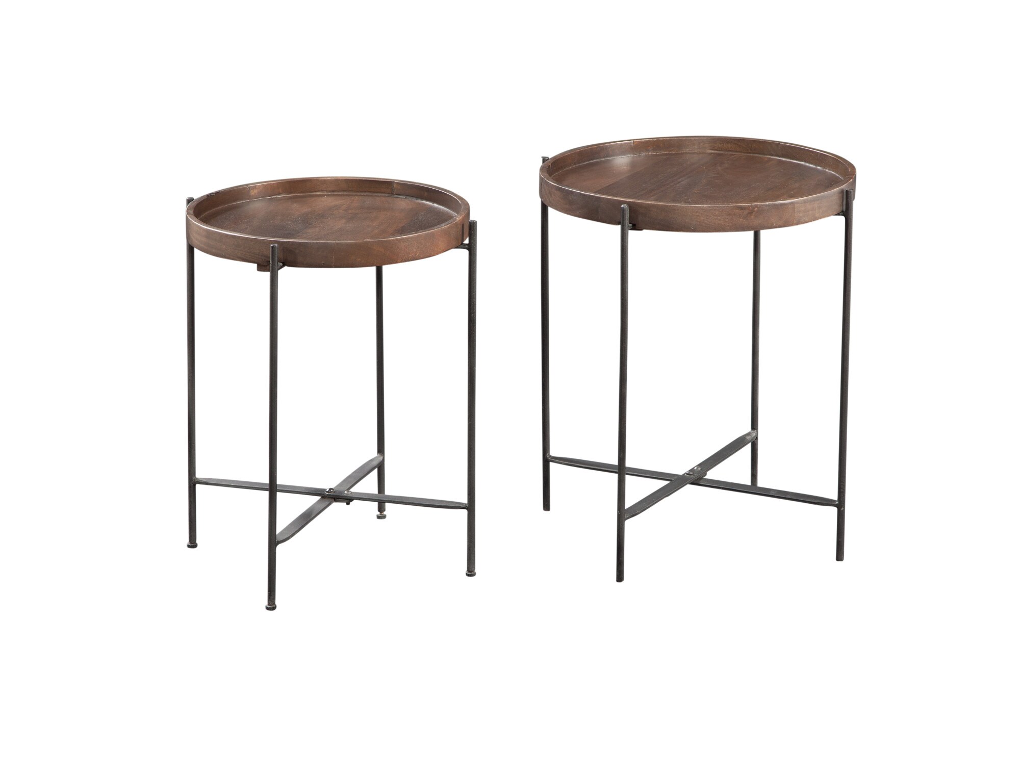 Set of 2 Round Black and Brown Mango Wood Accent Tables