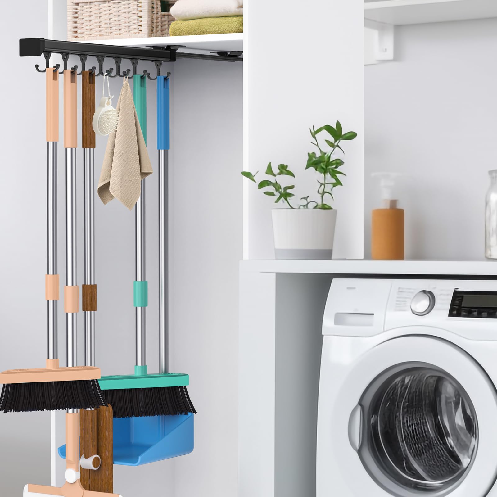 LAIFUCAM  Pull Out Broom Holder Adjustable Double Row Sliding Hook Aluminum Mop Organizer for Garage Laundry Closet Storage 41cm 16 Inch