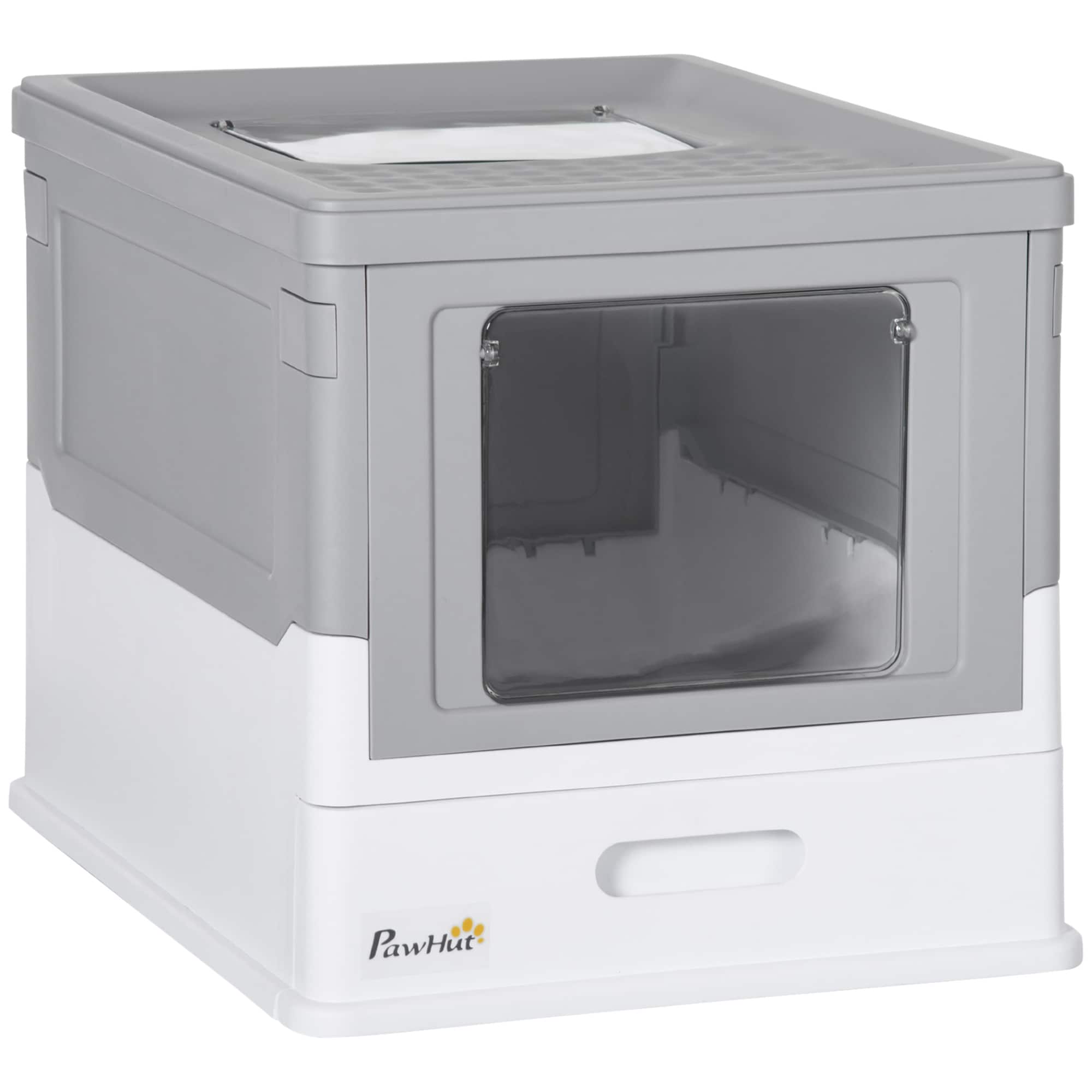 Huluwat Fully Enclosed Cat Litter Box with Scoop Hooded Cat Litter House with Drawer Type Tray Foldable Smell Proof Cat Potty with Front Entry Top Exit Portable Pet Toilet with Large Space Gray