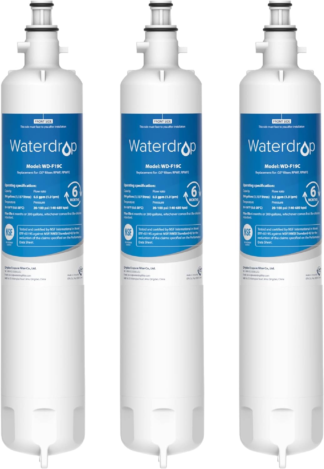 Waterdrop B-WD-F19C-3 Refrigerator Water Filter Whole House 6-Months Replacement Filter 3 -Pack