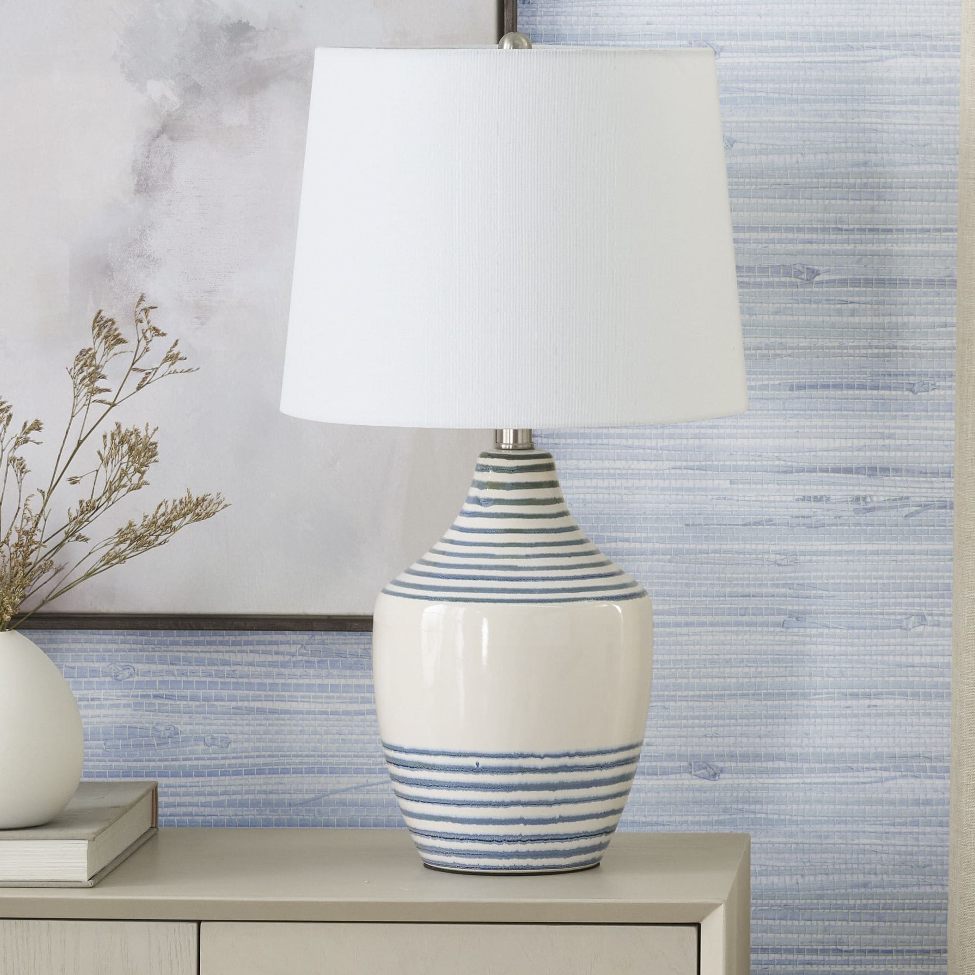 Nourison 23-in Blue/White Striped Coastal Table Lamp in the Table