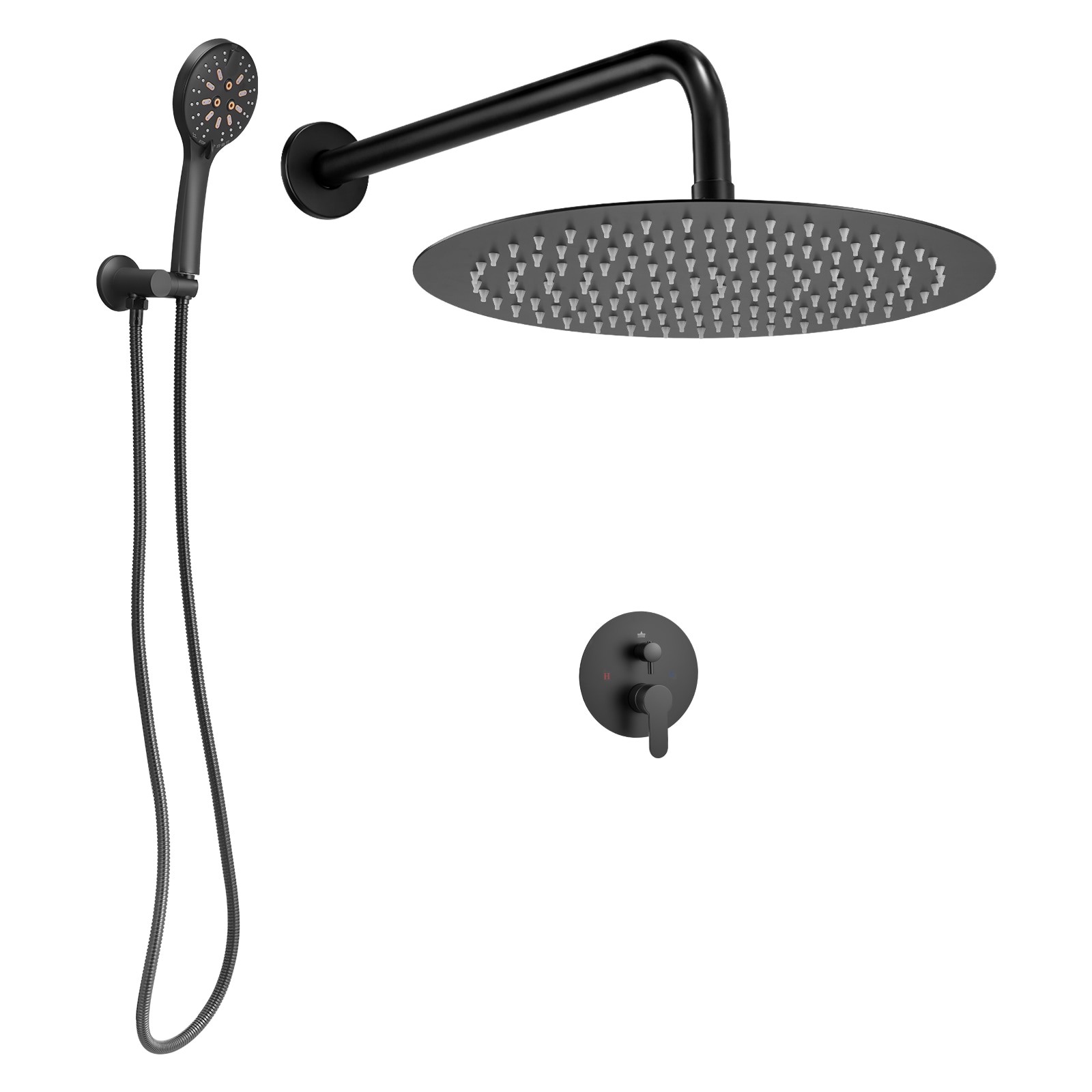 VEVOR Shower Faucet Set Rainfall Bathroom Shower System with 12-Inch Round Rain Shower Head and Handheld Spray Wall Mounted Bath Fixtures with Brass Valve and Trim Kit Matte Black