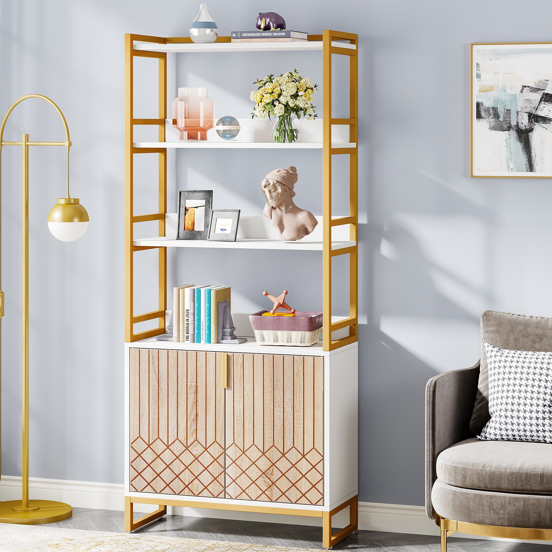 Tribesigns White and Gold Metal 6-Shelf Corner Bookcase with Doors (15.75-in W x 73.22-in H x 15.75-in D) Unfinished | HOGA-NY051