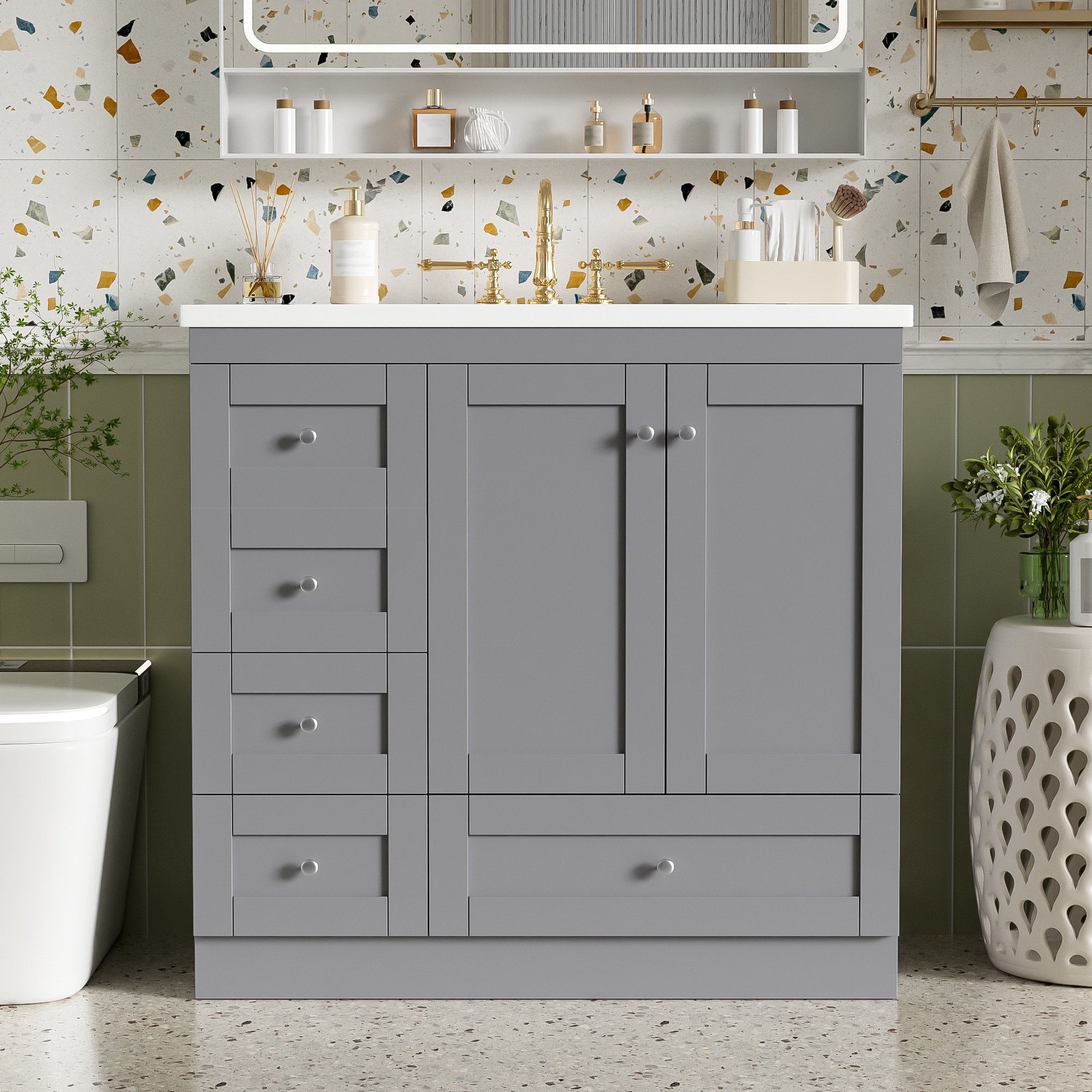 GDFStudio Indoor Shaker 36 in Wood Freestanding Bathroom Vanity with Resin Sink 4 Soft Close Drawers and 2 Soft Close Doors Gray