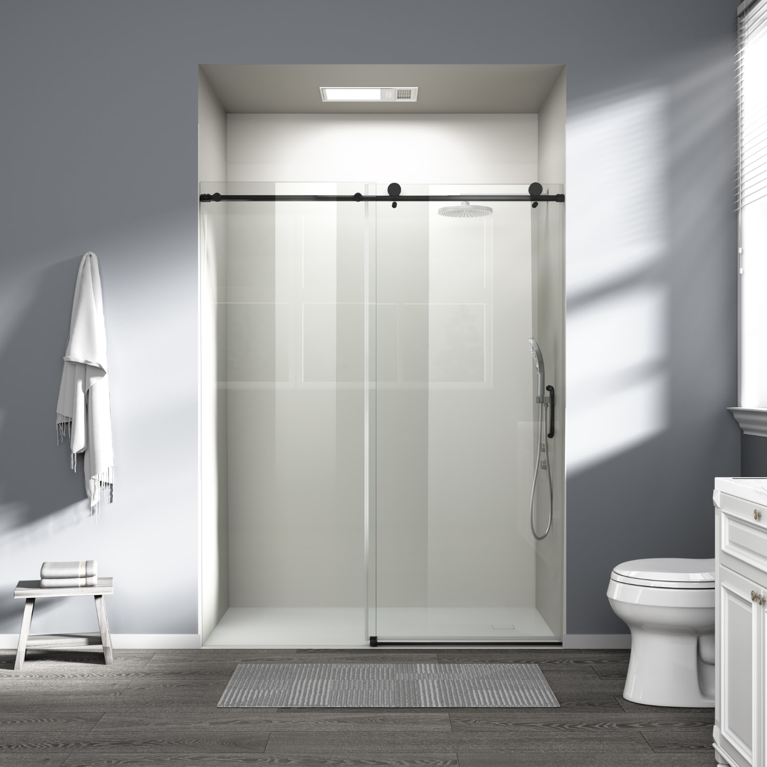 Lirago 56in - 60in W x 76in H Single Sliding Shower Door Frameless Bathroom Sliding Door with 1/4in (6mm) Tempered Glass for Walk-in Shower Matte Black CM-25D06-60MBX